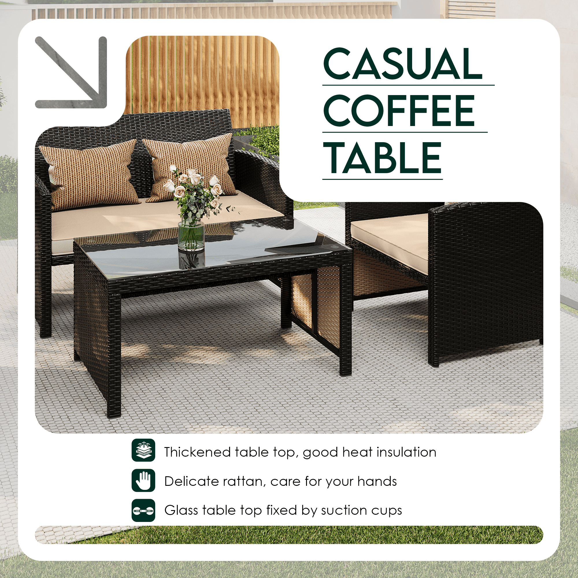 HOMREST 4-Piece Patio Furniture Set, Outdoor Wicker Patio Conversation Set with Cushions, Sofa & Glass Coffee Table, Khaki