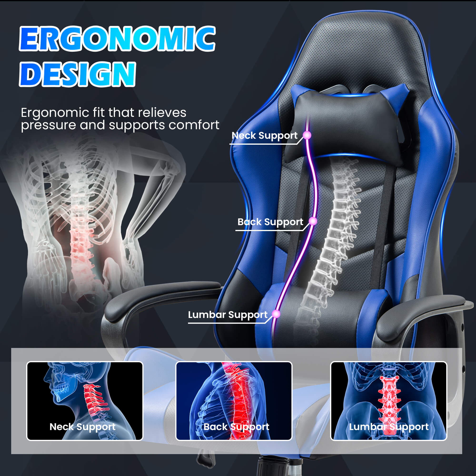 HOMREST Gaming Chair, Ergonomic Computer Gamer Chair with Massage Lumbar Support & Rocking High Back, Height Adjustable, Blue