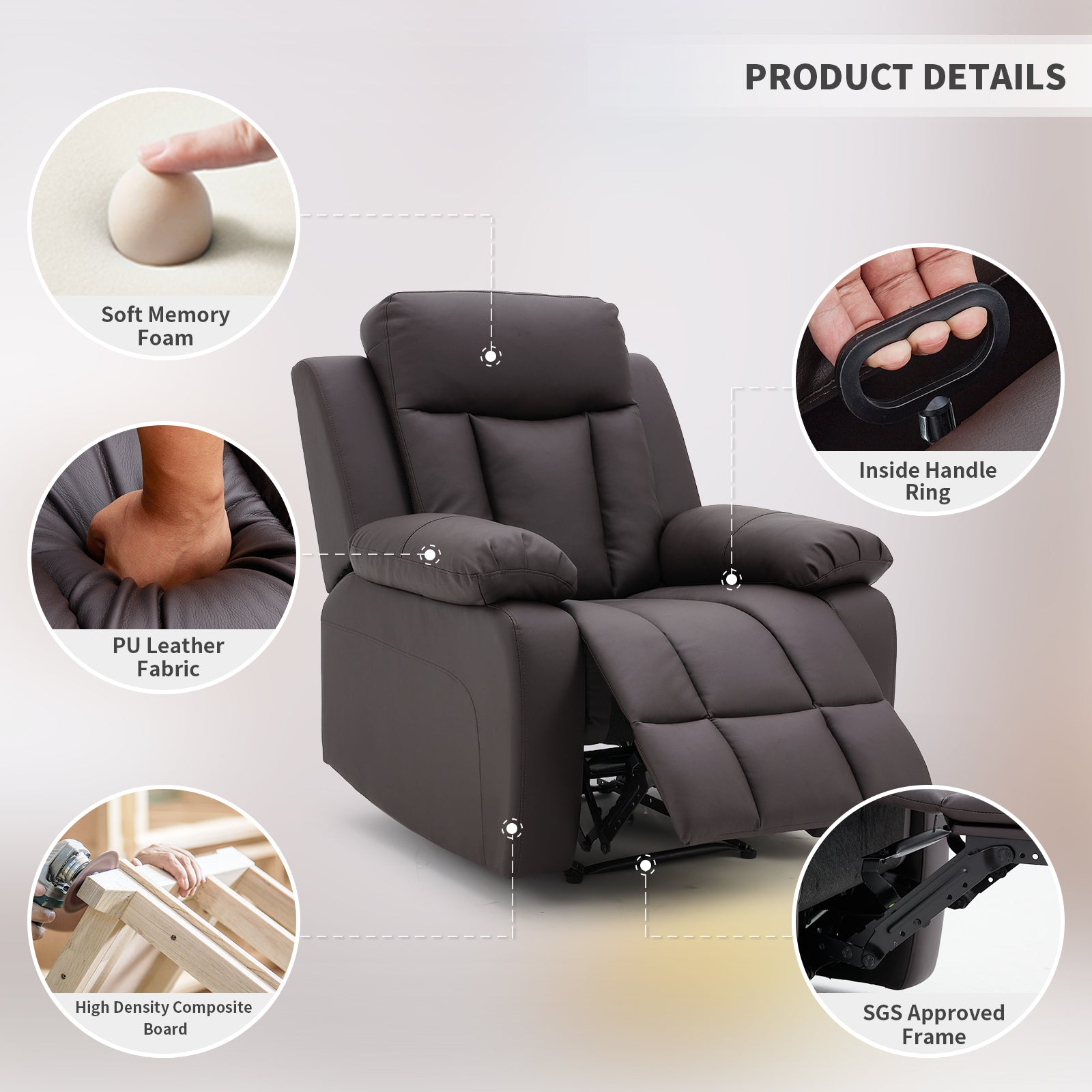 Homrest Breathable Leather Fabric Recliner Chair with PU Padded Seat Backrest with soft memory foam, inside handle ring, pu leather fabric, high density composite board and SGS approved frame