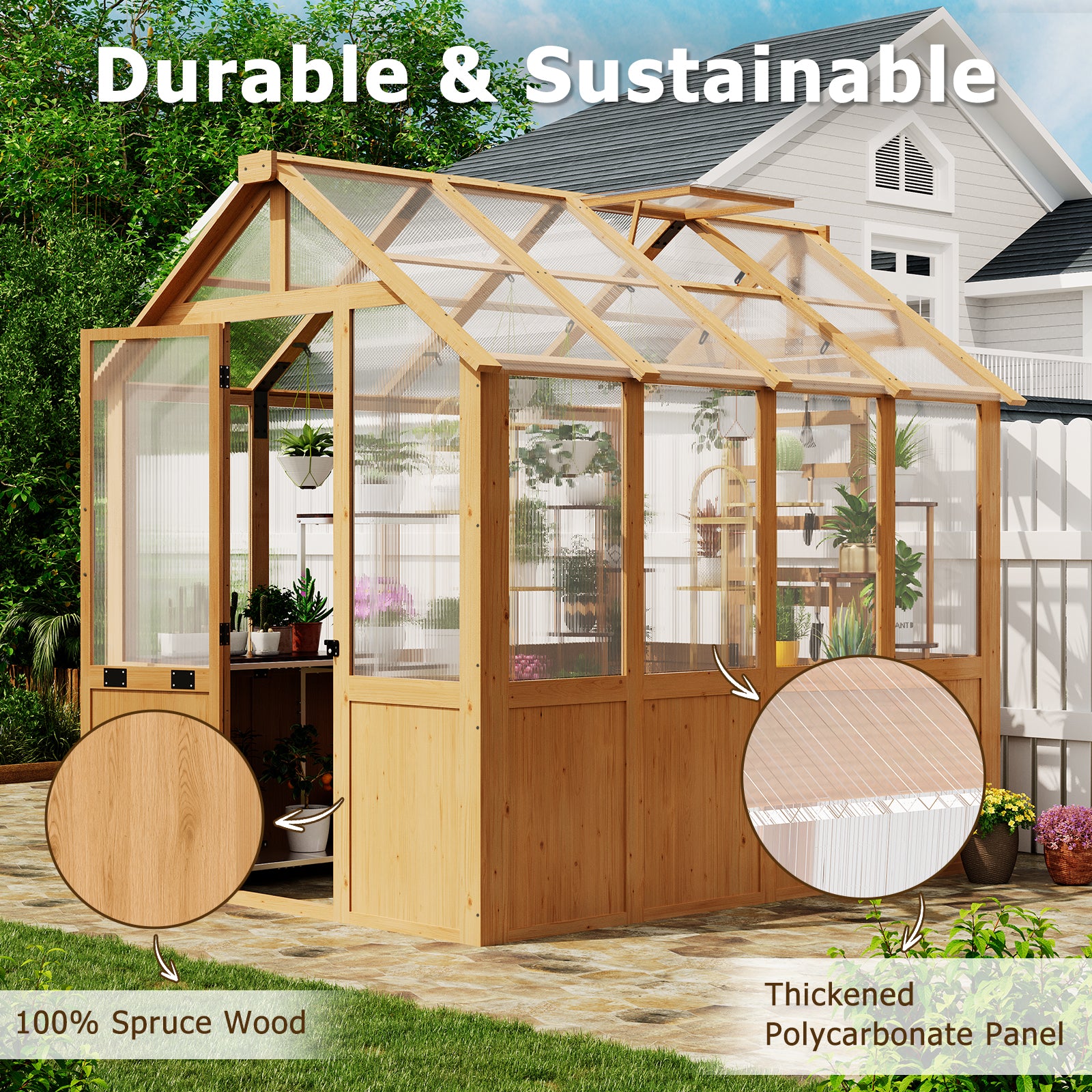 HOMREST 6x8 FT Wooden Greenhouse for Outdoors, Walk-in Greenhouse Kit with 4mm Polycarbonate Panels, Adjustable Roof Vent, Lockable Door, Outdoor Greenhouse for Backyard Garden