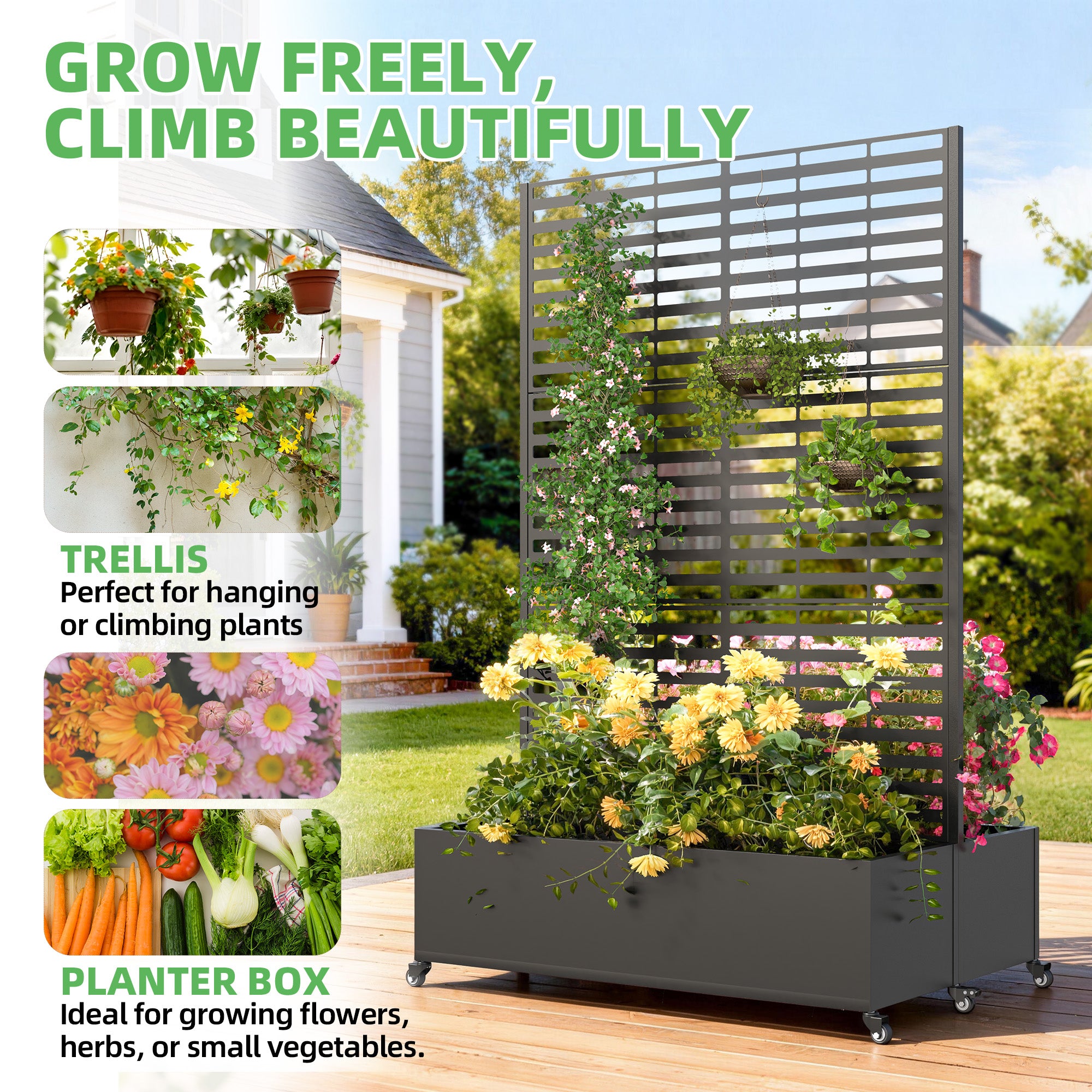 HOMREST Dual Metal Planter Box with Trellis, 73"x47"x31" Raised Garden Bed with Wheels and Drainage Holes, Planter with Trellis for Garden, Balcony & Patio, Black