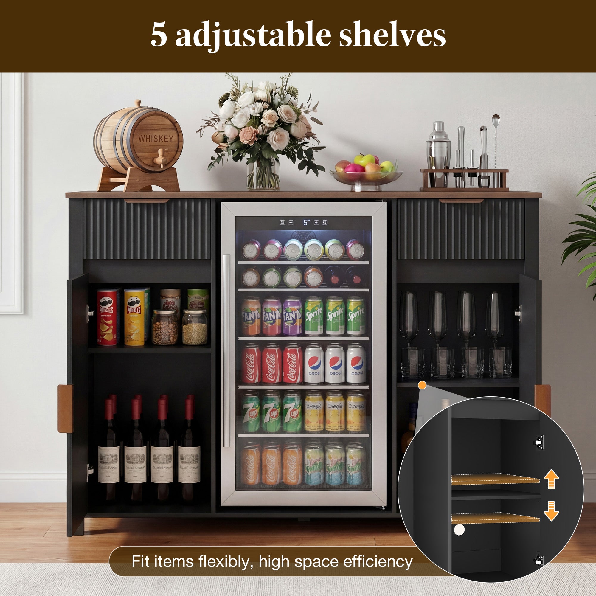 HOMREST 53" Large Coffee Bar Cabinet with Fridge Space & Power Outlet, Mini Fridge Cabinet with Drawer & Door Storage, Wine Bar & Buffet Sideboard for Kitchen and Dining Room, Liquor Cabinet, Black