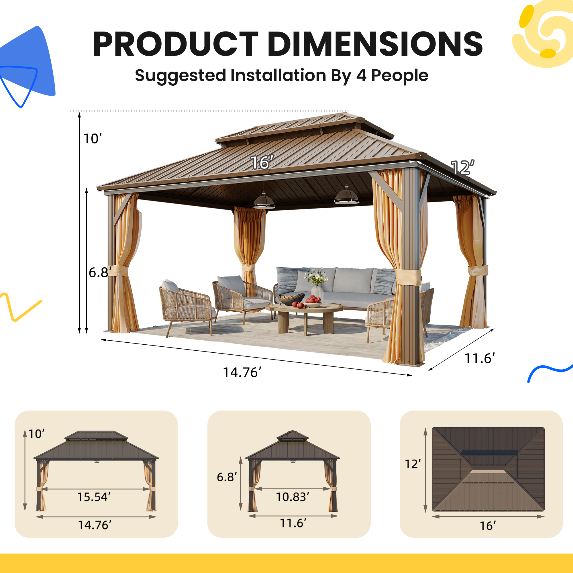 Homrest 12' x 16' Hardtop Gazebo, Aluminum Frame Gazebos with Galvanized Steel Double Roof