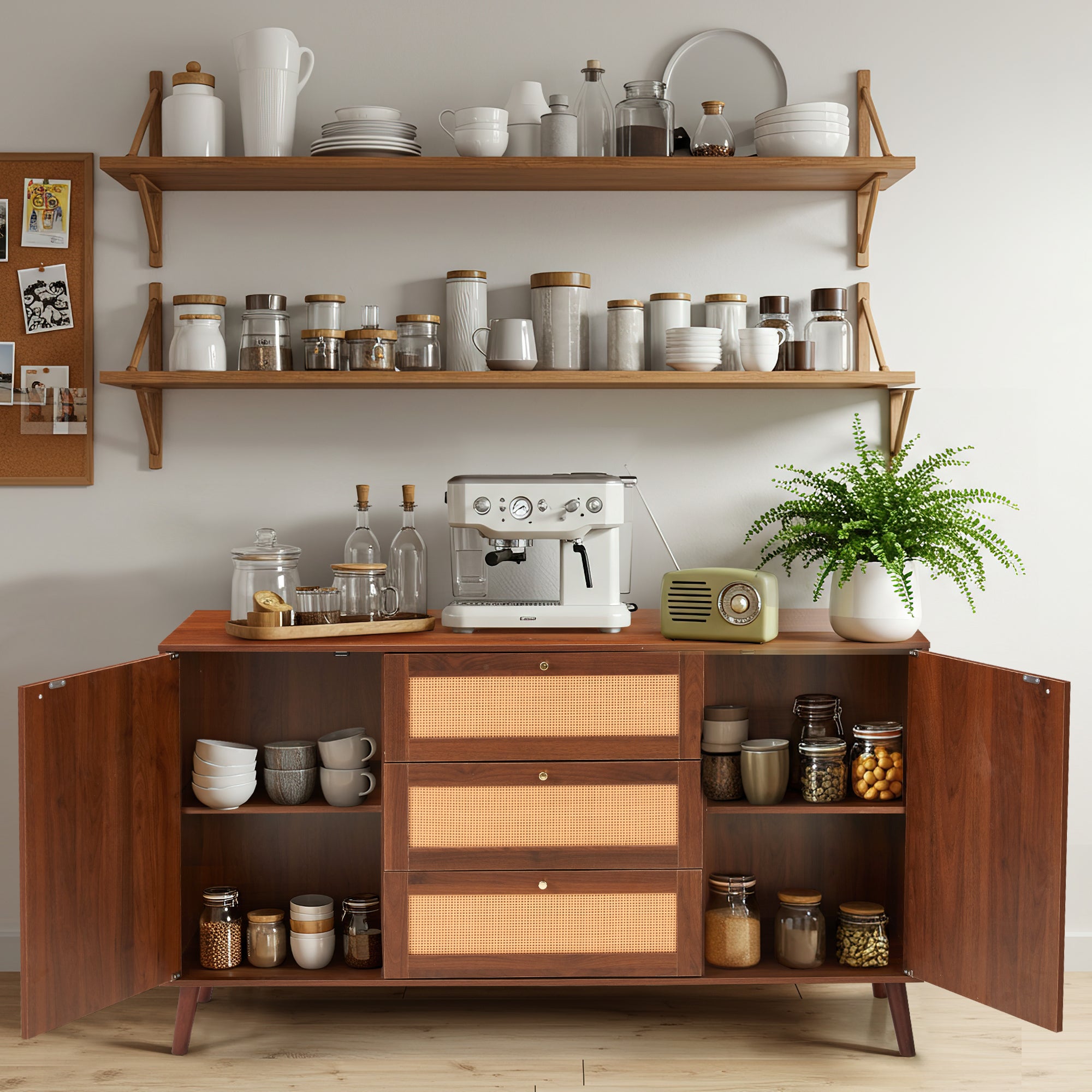HOMREST  Solid Wood Sideboard Buffet Cabinet, Mid-Century Credenza for Living Room, Entryway, Walnut