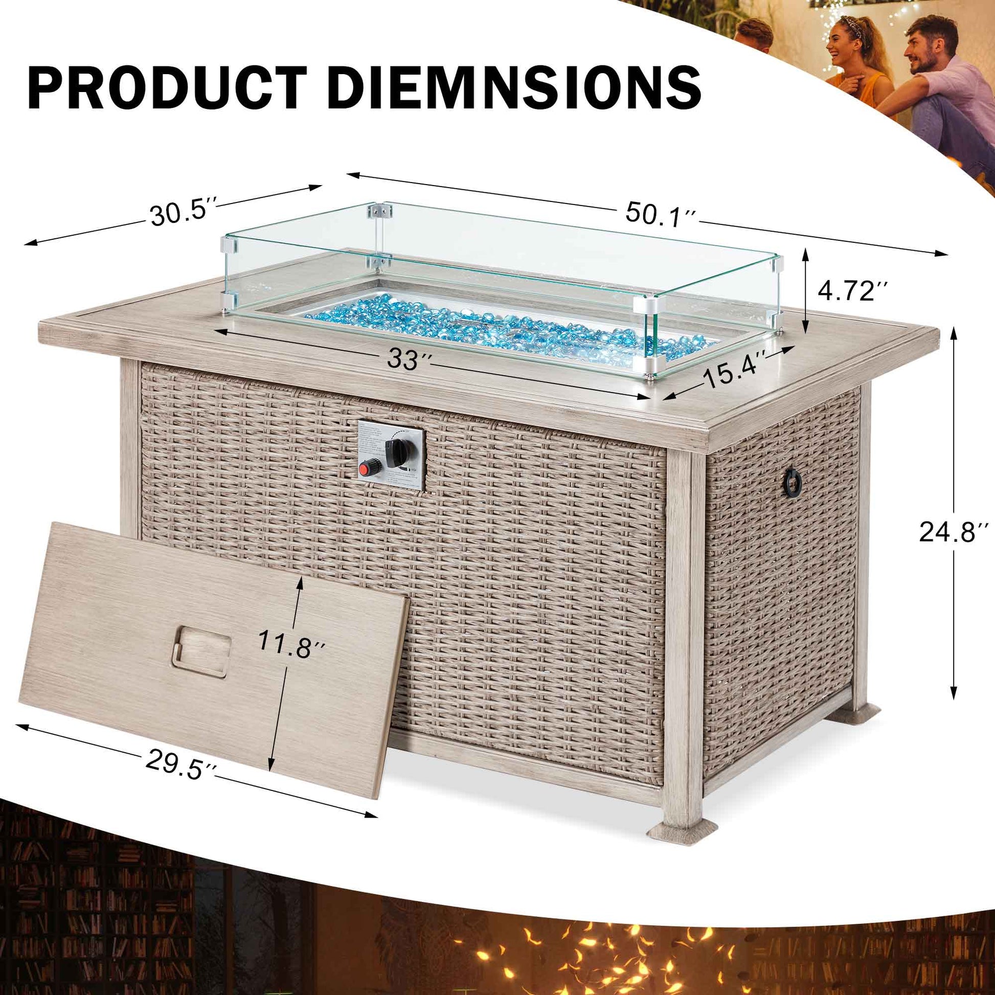 Product Dimensions of 50 in Propane Fire Pit Table w/ Glass Wind Guard and Aluminum Tabletop, 50,000 BTU, Gray