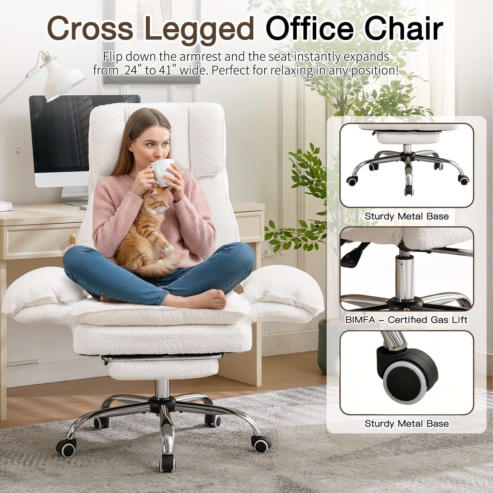 HOMREST Cloud Cross Legged Office Chair with Footrest,Leather Big and Tall Executive Ergonomic Chair,155° Reclining Computer Wide Desk Chair, White