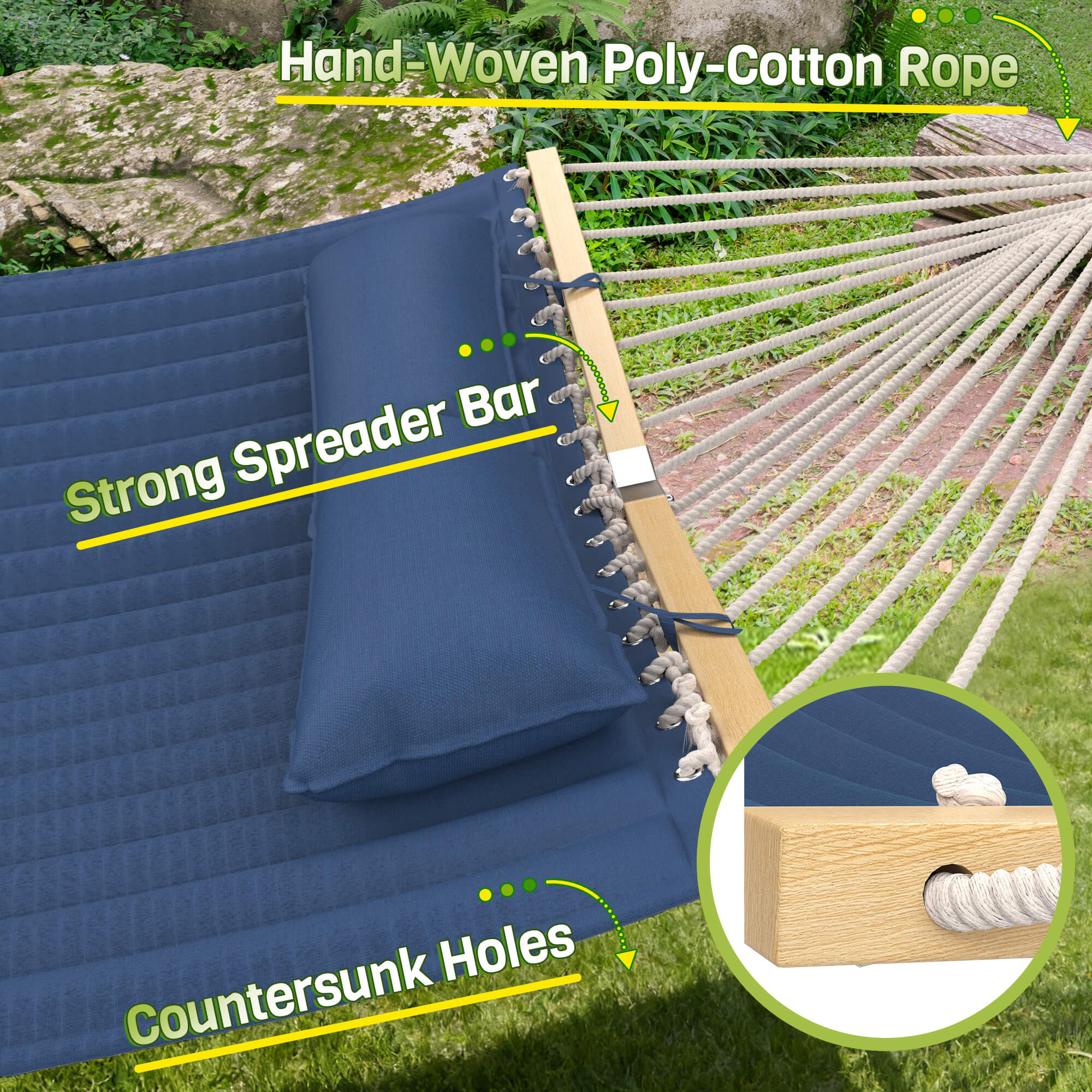HOMREST Modern Portable Hammock, Outdoor Rope Hammock for Backyard, Beach & Camping, Navy Blue