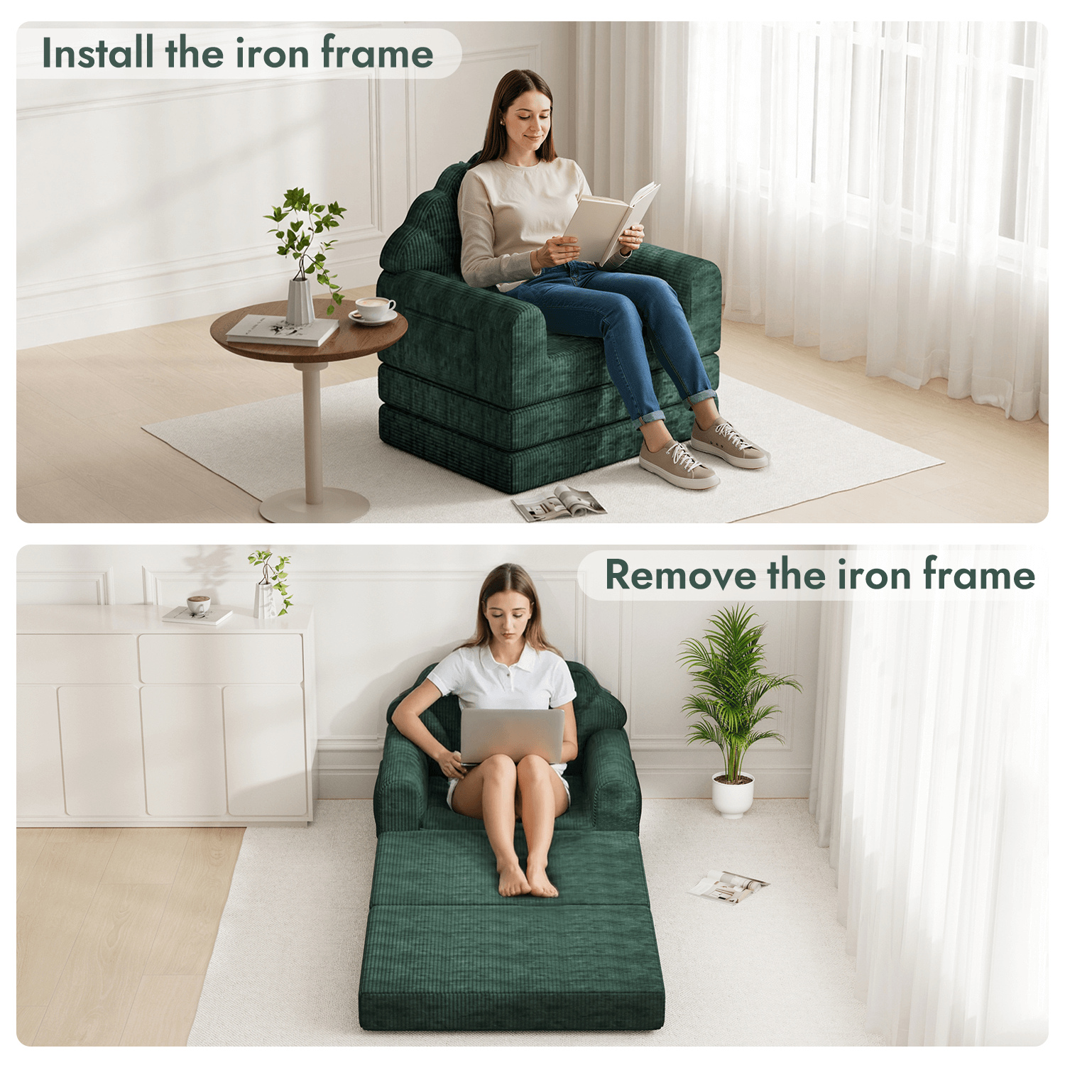 HOMREST 2-in-1 Folding Sofa Bed with Back Support, 75" D x 34" W Convertible Futon Sleeper Chair for Living Room Bedroom Small Spaces, Olive Green