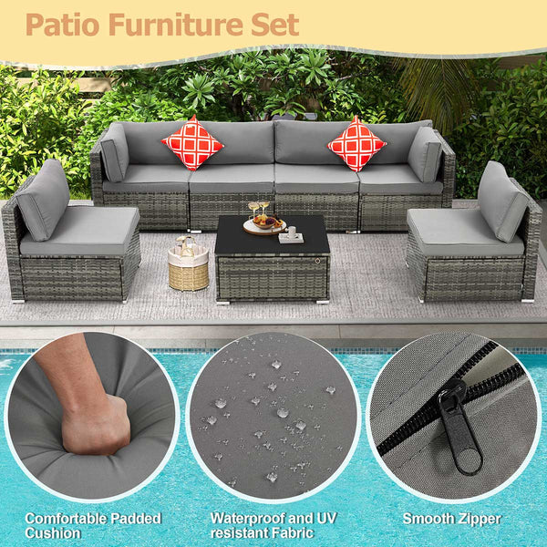 Homrest 7 Piece Outdoor Patio Furniture with Storage Table, Cushions and Pillows, Gray