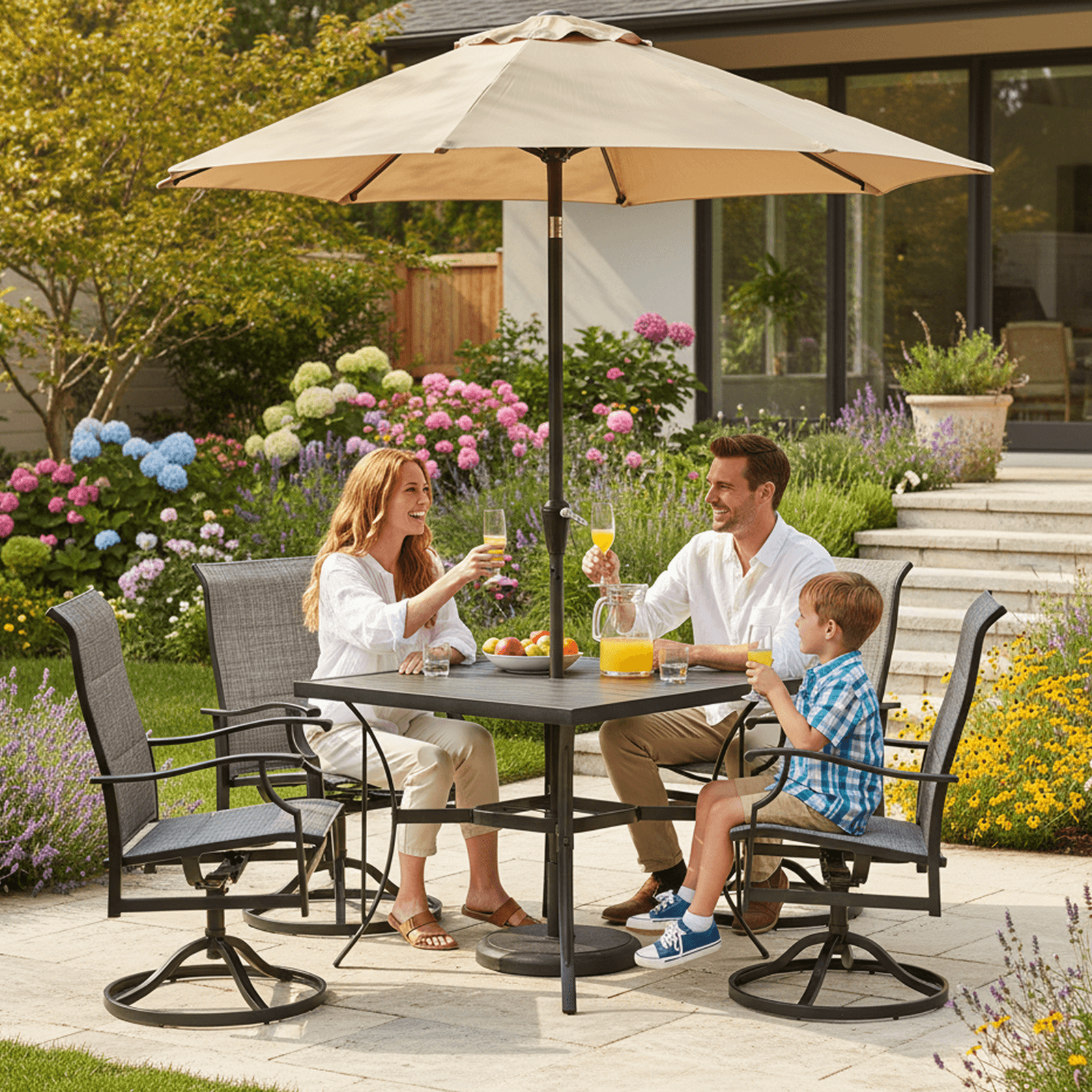 HOMREST 5-Piece Patio Furniture Set Outdoor Dining Table & Chairs with Umbrella Hole, 360° Swivel Rocking Chair, Gray