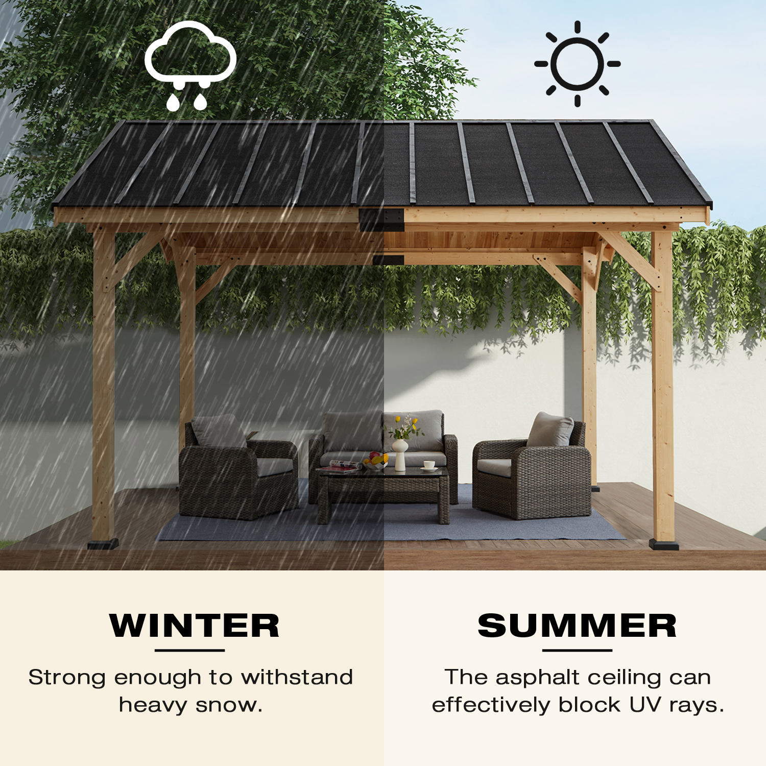 Homrest 12' x 15' Hardtop Gazebo, Solid Spruce Wood Gazebo with Waterproof Asphalt Roof