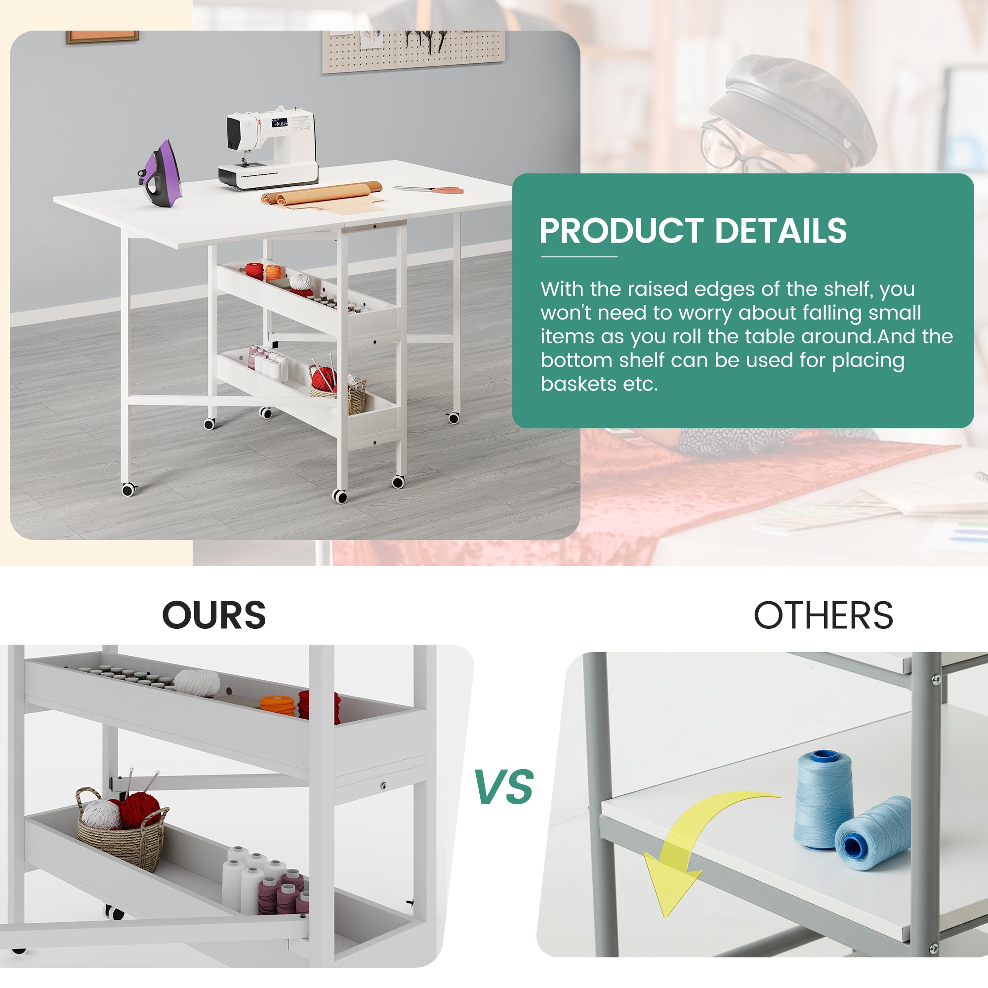 HOMREST Home Hobby Sewing Table with Storage Shelves and Storage Bag, Mobile Folding Cutting Table for Large Fabric, Foldable Table for Home Office Sewing Room Craft Room, Fixed Height 36in