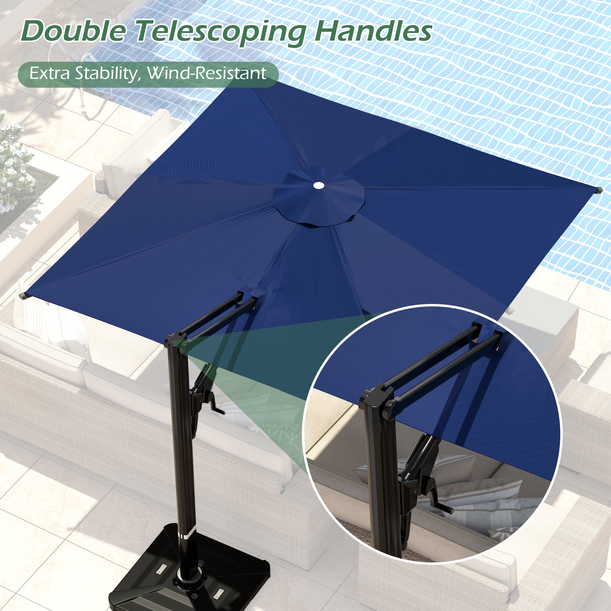 HOMREST 10x10ft Large Rectangular Cantilever Umbrella with 360° Rotation & 6 Adjustable Heights, Navy (Base Excluded)