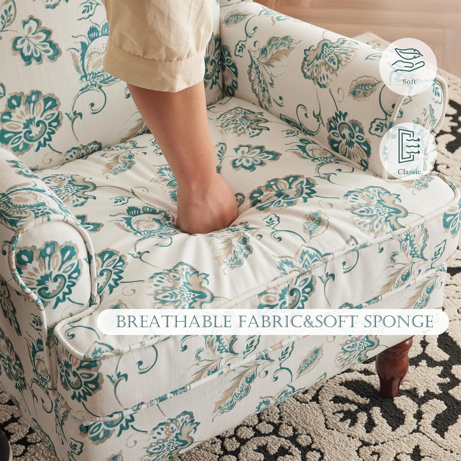 HOMREST Fabric Accent Chair for Living Room Bedroom Reading, Light Cyan Floral