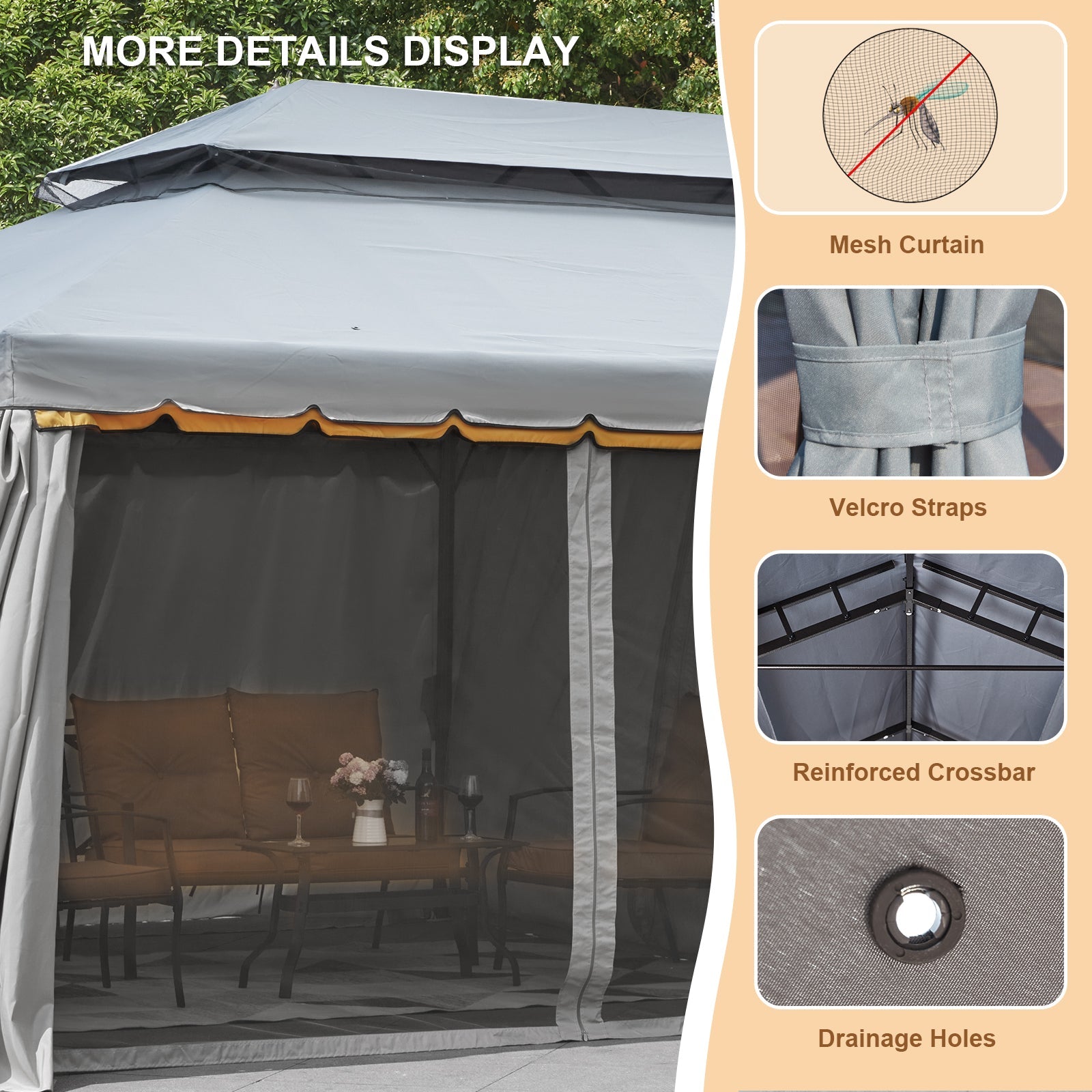 Homrest 10x20 Outdoor Canopy Gazebo with Netting and Shade Curtains, Grey