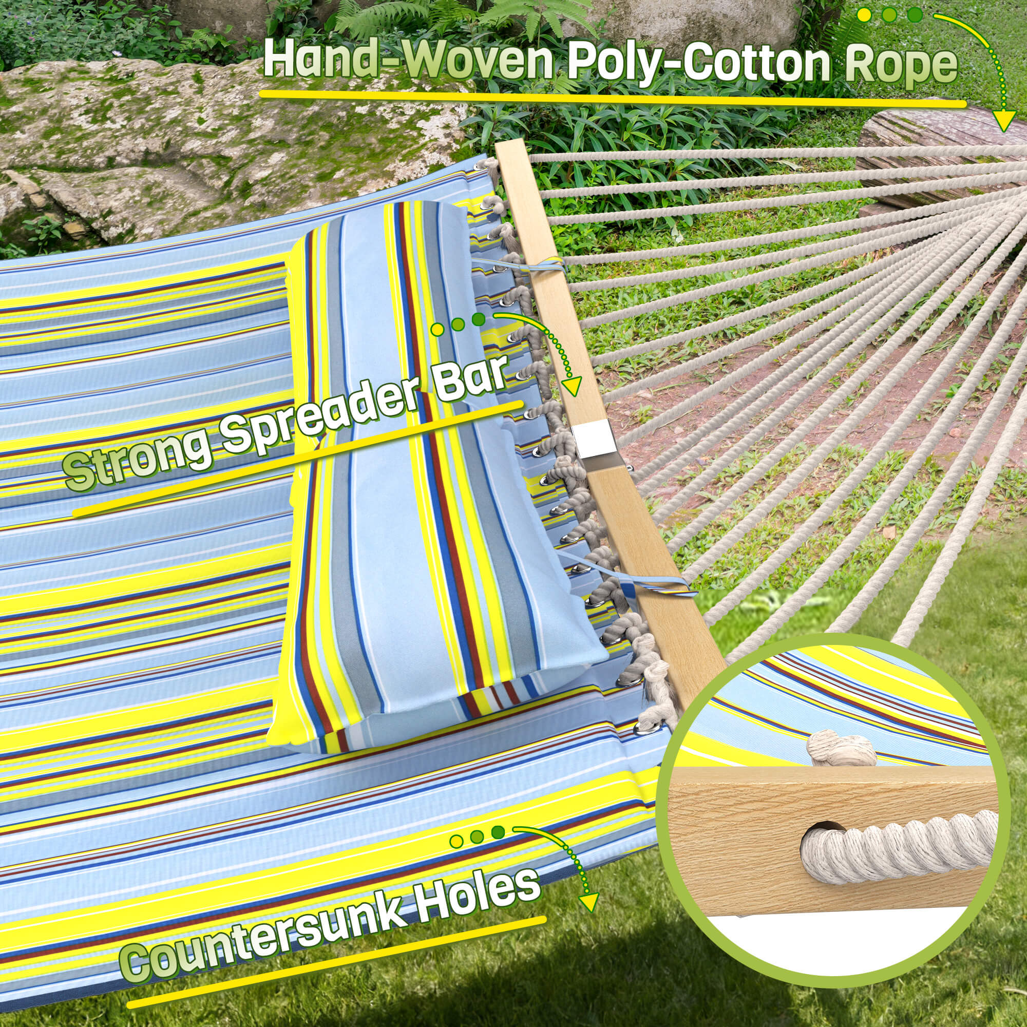 HOMREST Modern Portable Hammock, Outdoor Rope Hammock for Backyard, Beach & Camping, Green Stripes