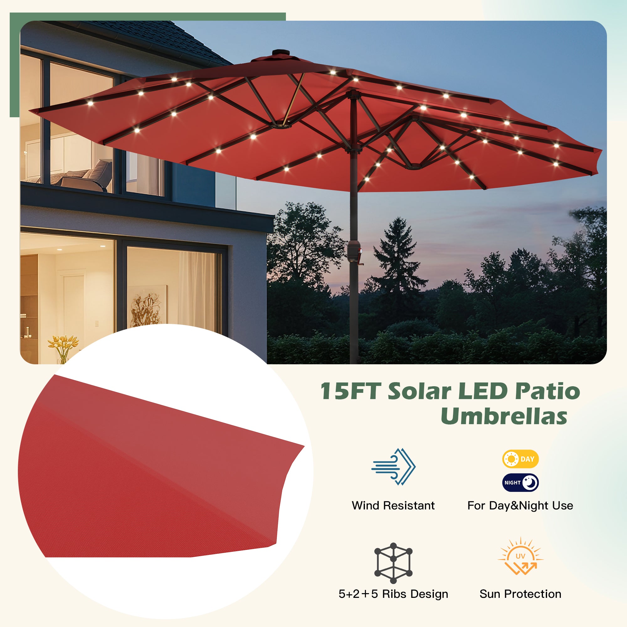 HOMREST 15ft Large Double-Sided Patio Umbrella with Solar LED Lights, Outdoor Crank System, and Base – Perfect for Garden, Deck, Poolside, Red