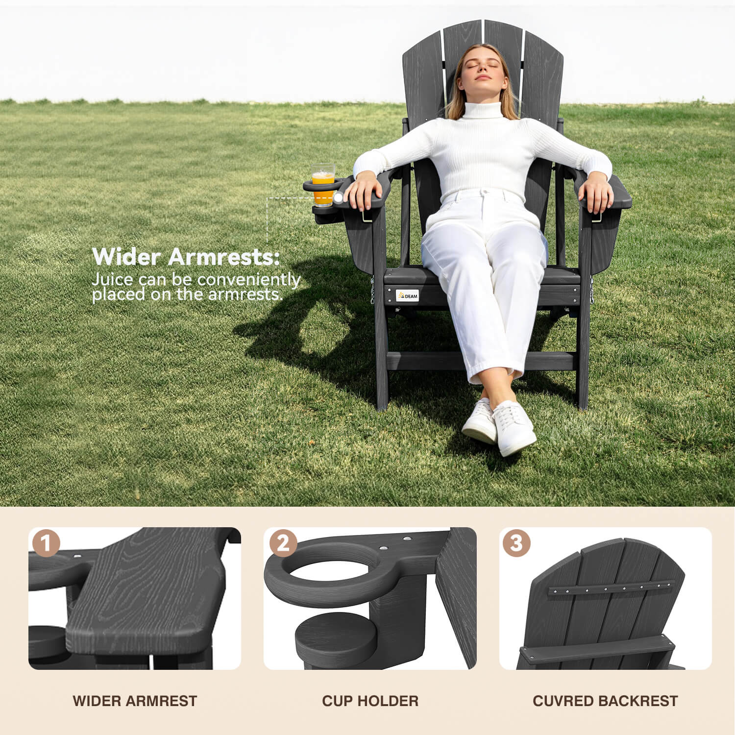 HOMREST 3-Position Adjustable Adirondack Chairs Set of 2, 400LBS HDPE Folding Outdoor Chairs with Cup Holder, Gray