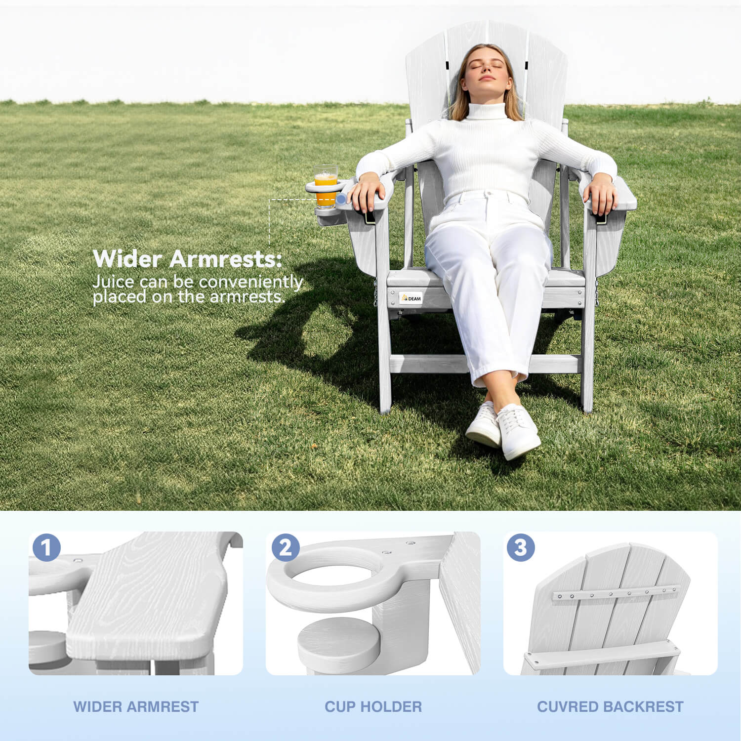 HOMREST 3-Position Adjustable Adirondack Chairs Set of 4, 400LBS HDPE Folding Outdoor Chairs with Cup Holder, White
