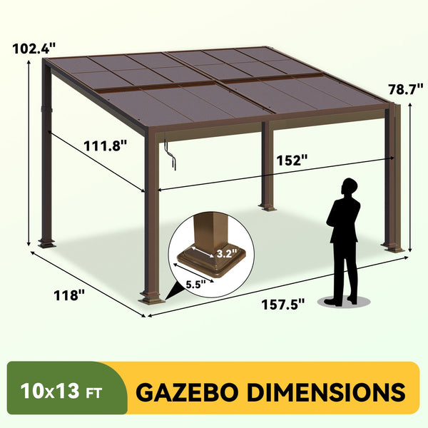 HOMREST 10' x 13' Lean to Gazebo, Patio Gazebo with Adjustable Galvanized Roof, Hardtop Wall Mounted Gazebo with Full Metal Frame, Outdoor Pergola for Deck, Porch, Garden, Backyard