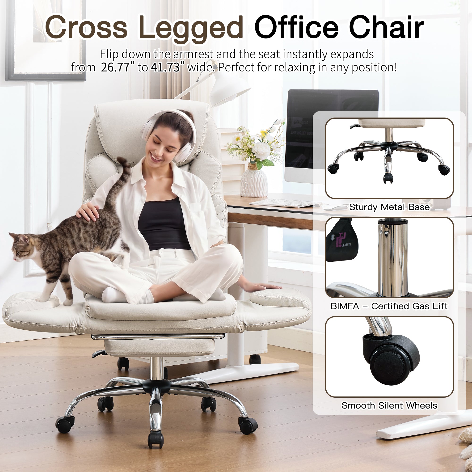 HOMREST Modern Cross Legged Office Chair with Footrest,Leather Ergonomic Executive Chair with Lumbar Pillow, Beige