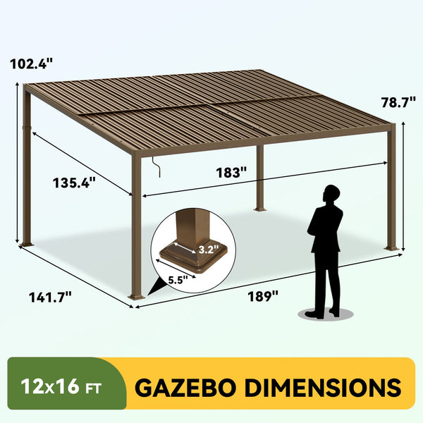 HOMREST 12' x 16' Lean to Gazebo, Patio Gazebo with Adjustable Galvanized Roof, Hardtop Wall Mounted Gazebo with Full Metal Frame, Outdoor Pergola for Deck, Porch, Garden, Backyard