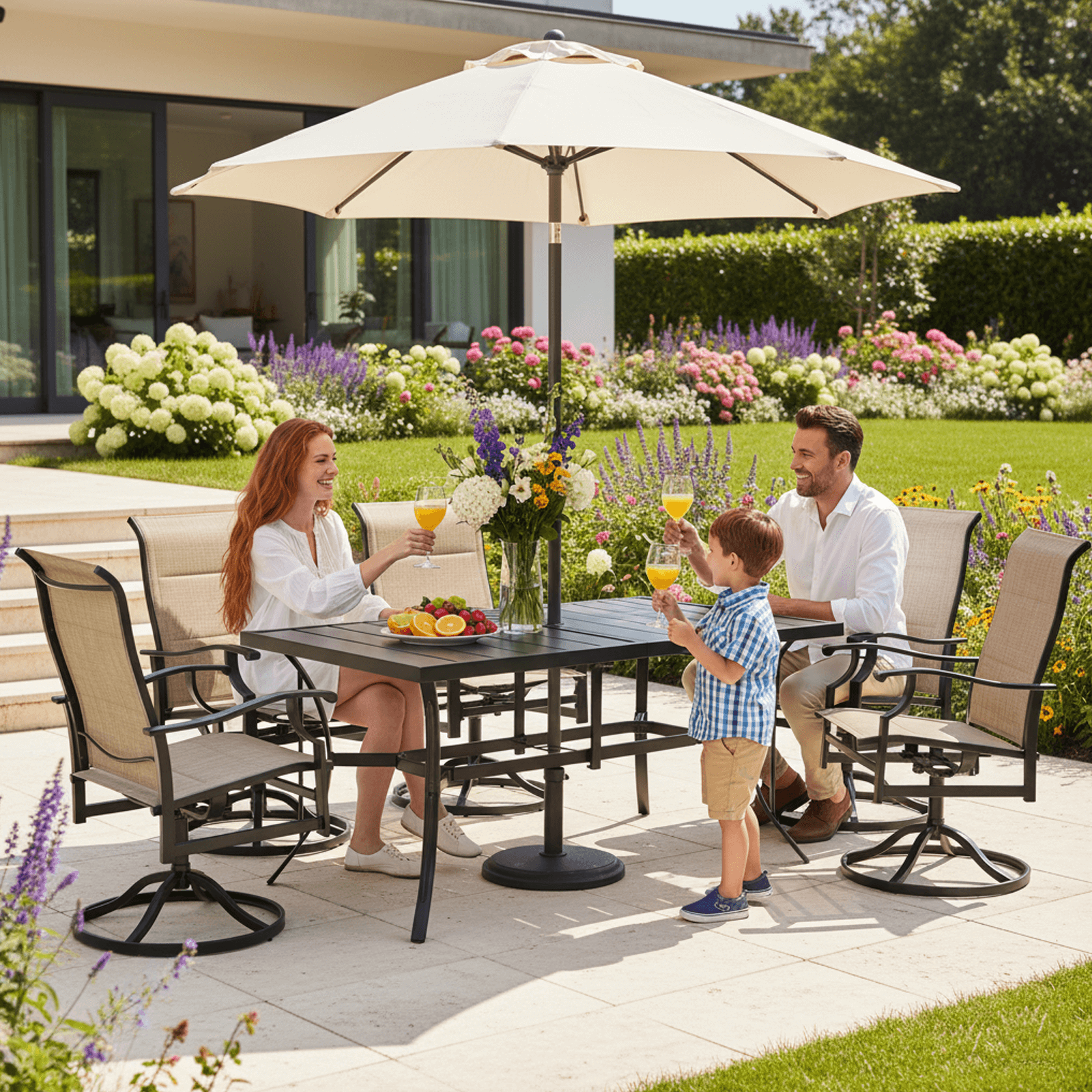HOMREST 7 Piece Outdoor Patio Dining Set with 6 Swivel Rocker Chairs, Rectangular Metal Table with Umbrella Hole, Brown