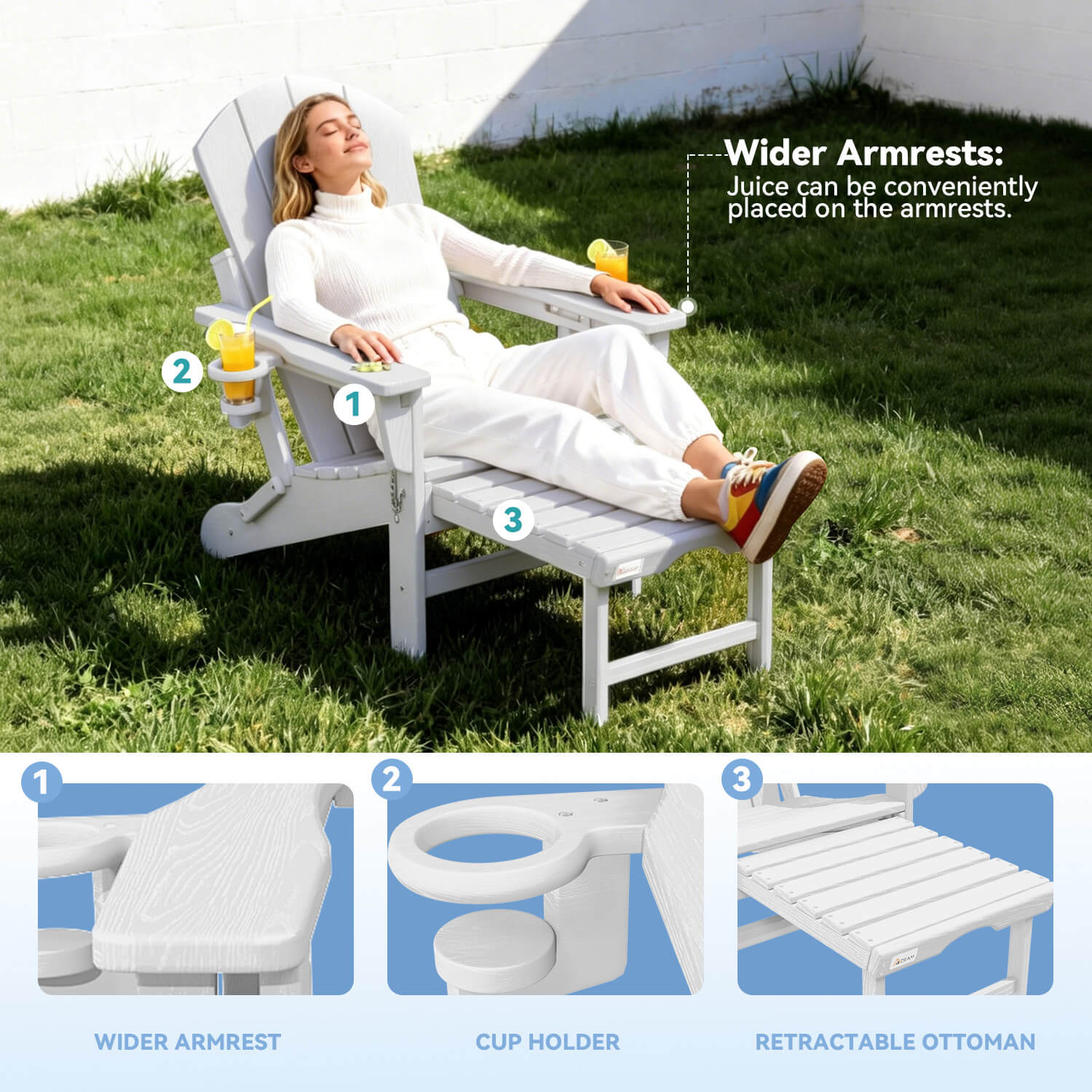 HOMREST 3-Level  Adjustable Adirondack Chair with Retractable Ottoman, Folding HDPE Outdoor Chair with Cup Holders, White