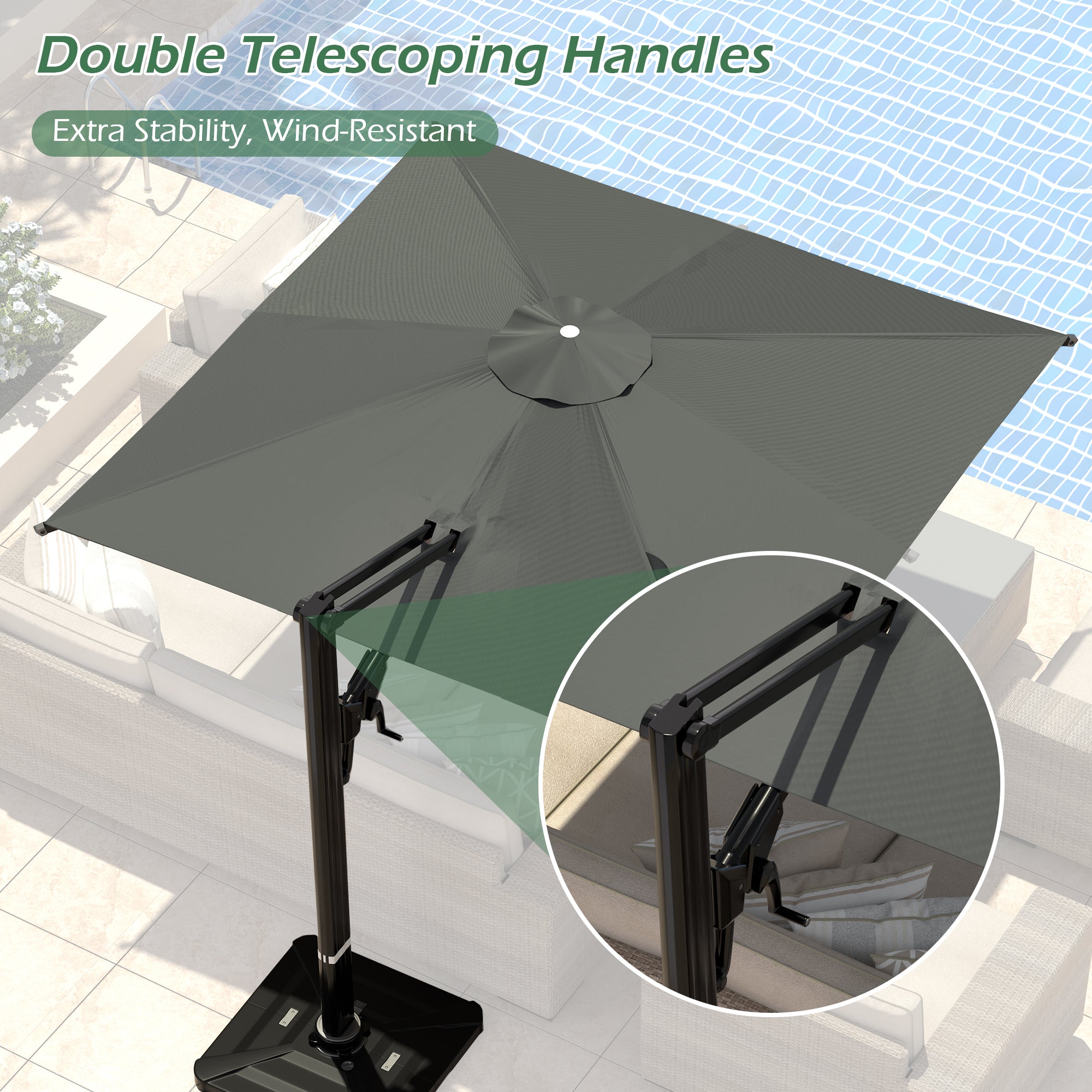 HOMREST 10x10ft Large Rectangular Cantilever Umbrella with 360° Rotation & 6 Adjustable Heights, Gray (Base Excluded)