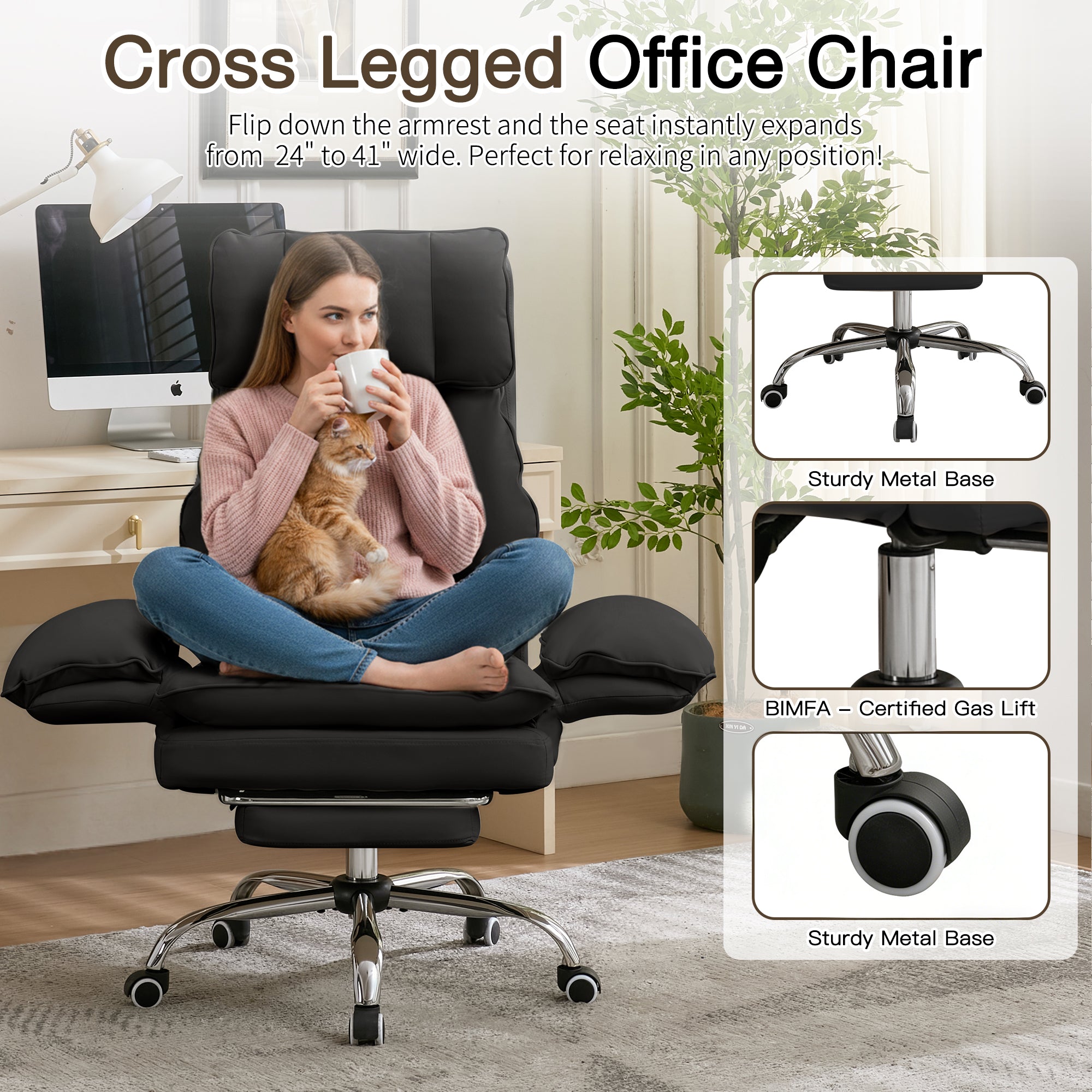 HOMREST Cloud Cross Legged Office Chair with Footrest,Leather Big and Tall Executive Ergonomic Chair,155° Reclining Computer Wide Desk Chair, Black