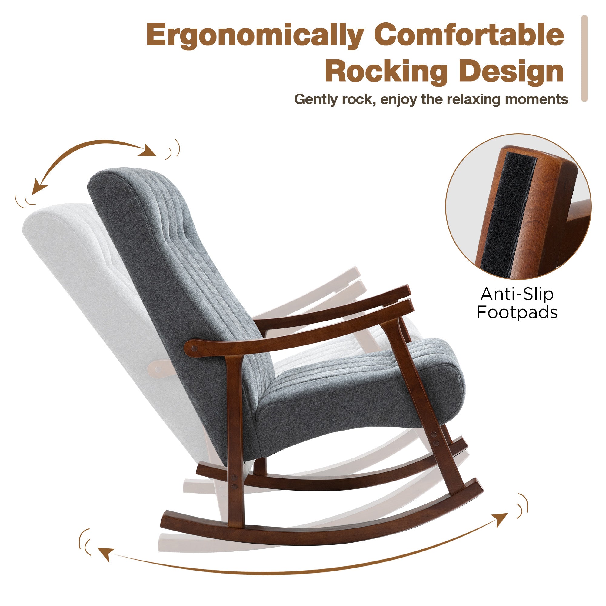 HOMREST Upholstered Rocking Chair with Fabric Padded Seat, Comfortable Rocker Solid Wood for Living Room, Modern High Back Armchair for Adult, Light Gray