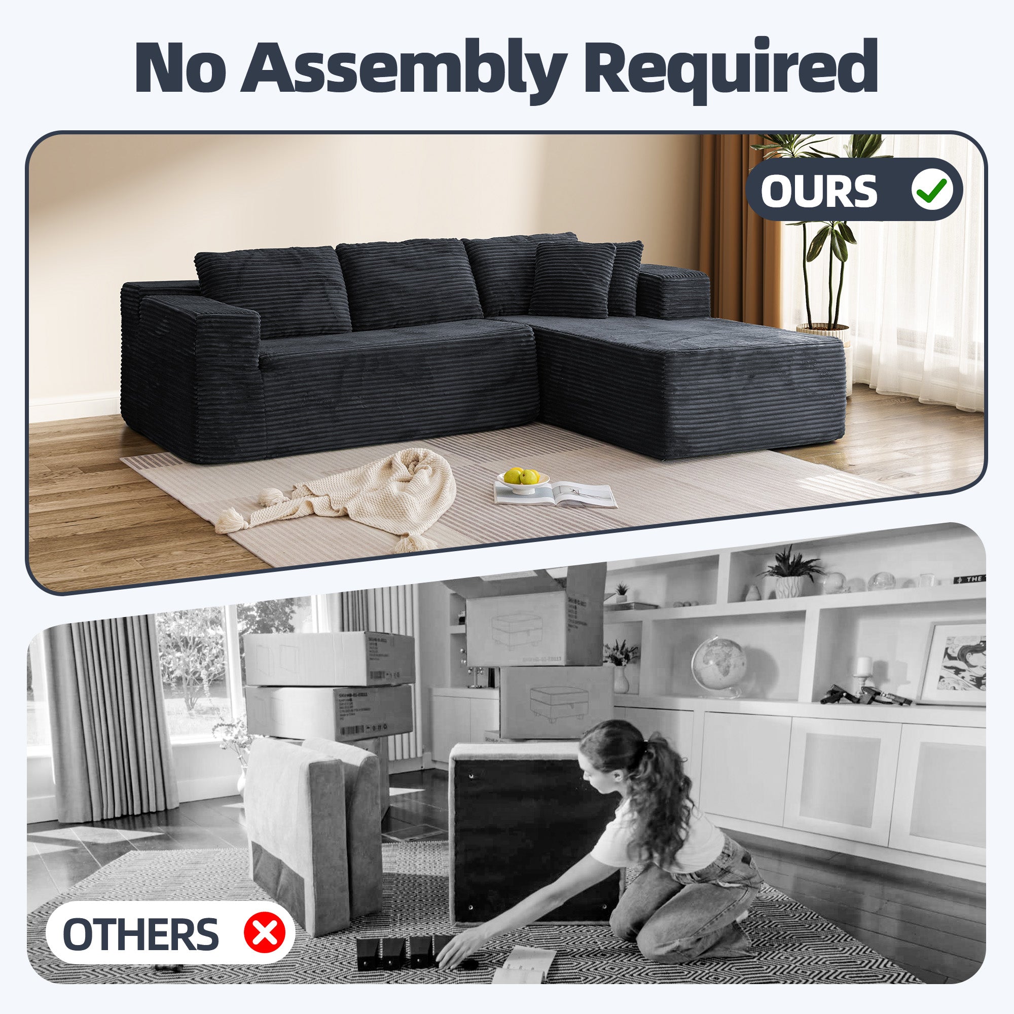 HOMREST 106 inch Cloud Sectional Couch with Chaise Lounge for Living Room, Corduroy Fabric, Black