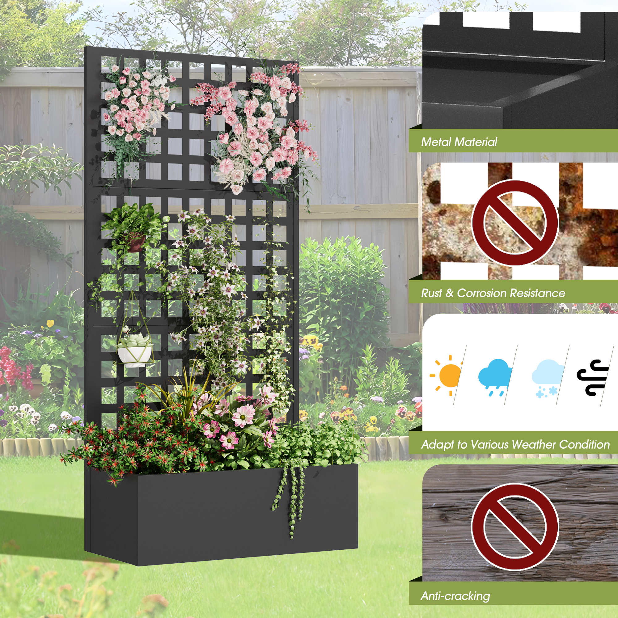 HOMREST Metal Planter Box with Trellis, 71"x 35"x 16" Raised Garden Bed with Trellis, Planter Box Trellis with Privacy Screen and Drainage Holes, Black