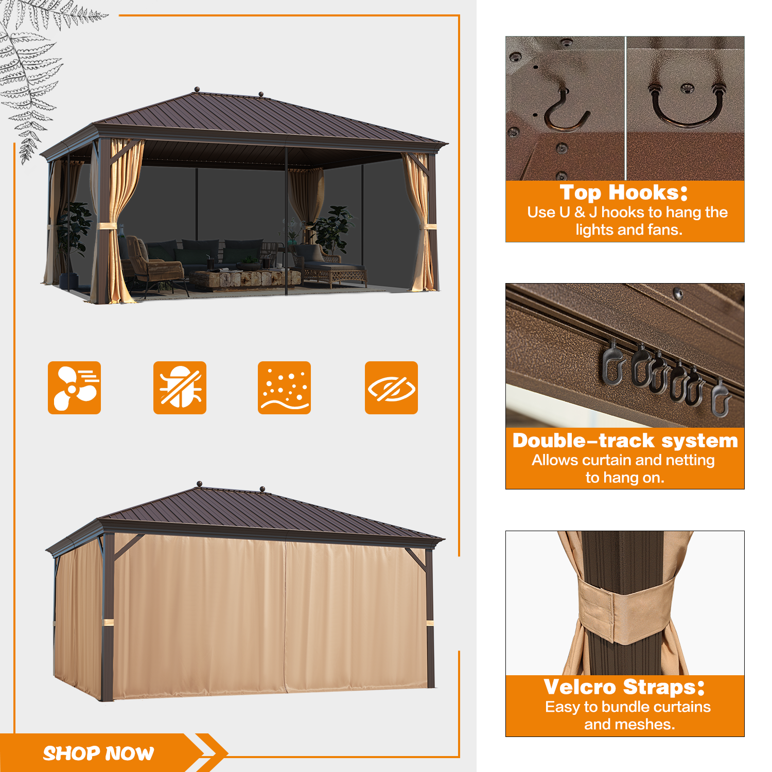 Homrest 12' x 16' Hardtop Gazebo, Galvanized Steel Metal Single Roof Aluminum Gazebo with Curtain and Netting, Brown Permanent Pavilion