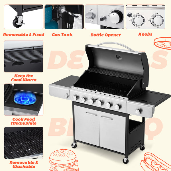 HOMREST 6 Burner BBQ Propane Gas Grill, 58,000 BTU Stainless Steel Patio Garden Barbecue Grill with Stove and Side Table