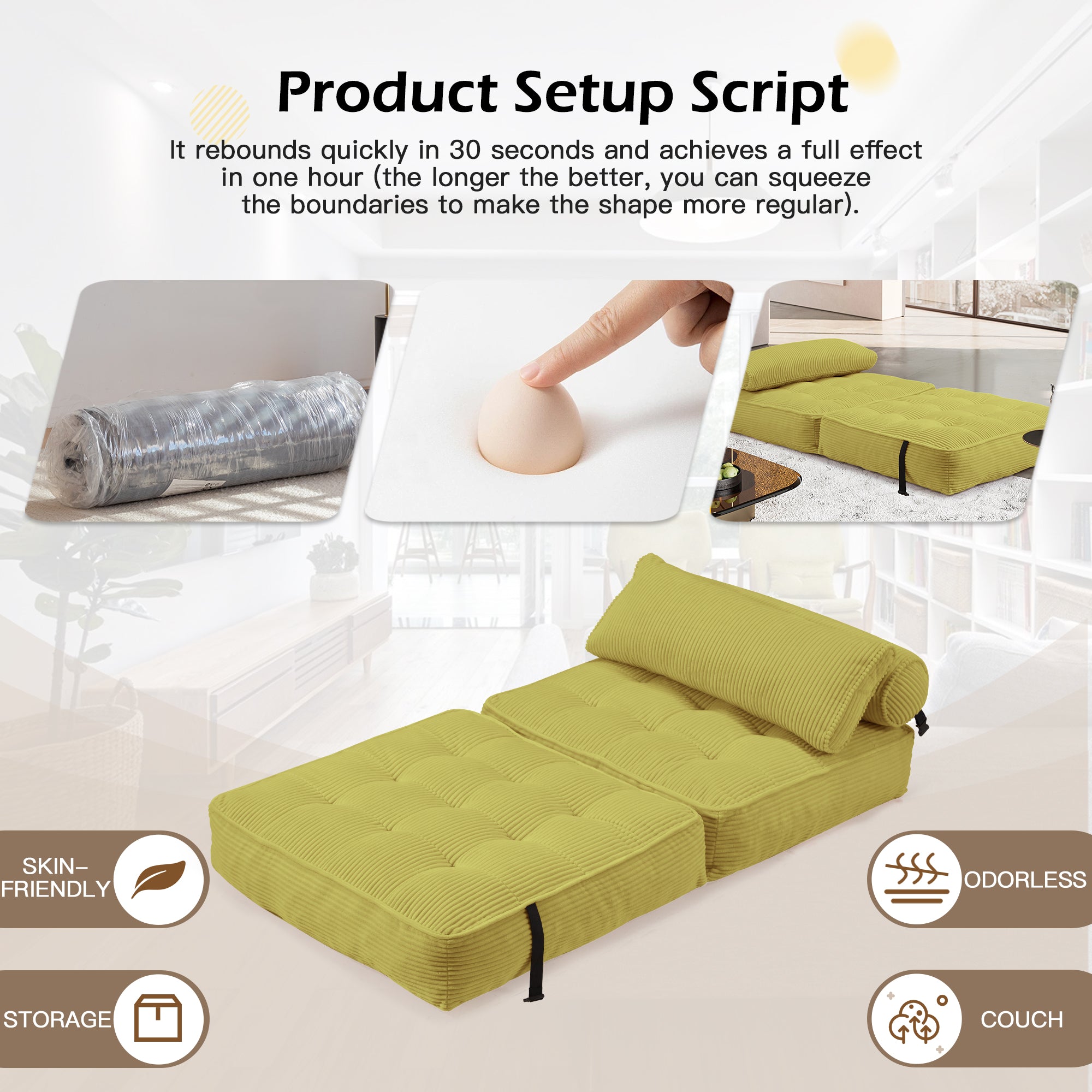 HOMREST Folding Out Chair Bed, Convertible Sofa Bed with 2 Pillows, Avocado Green