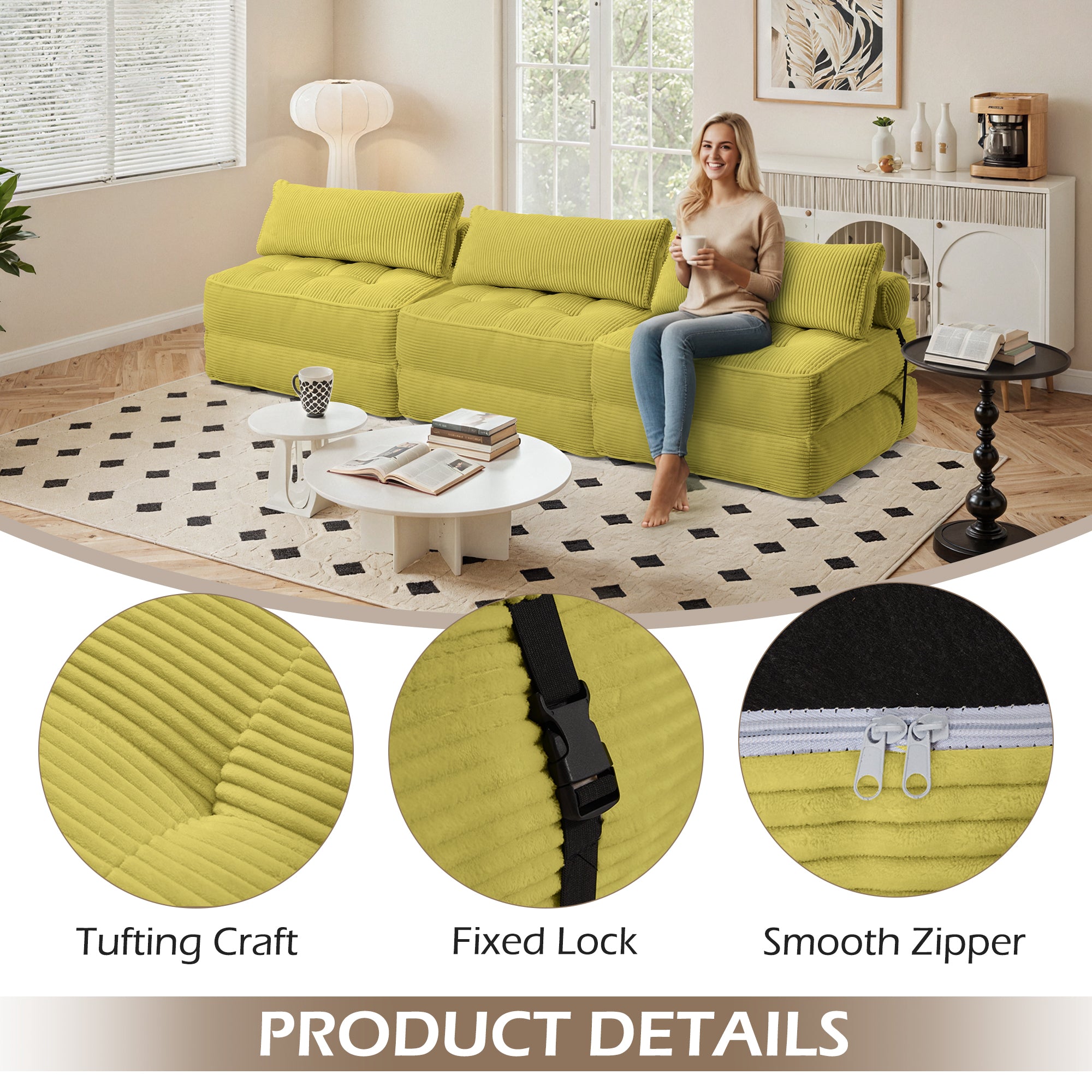 HOMREST 3-Piece Modular Sectional Sofa, Convertible Lounge Set – Foldable Couch Bed, Avocado Green