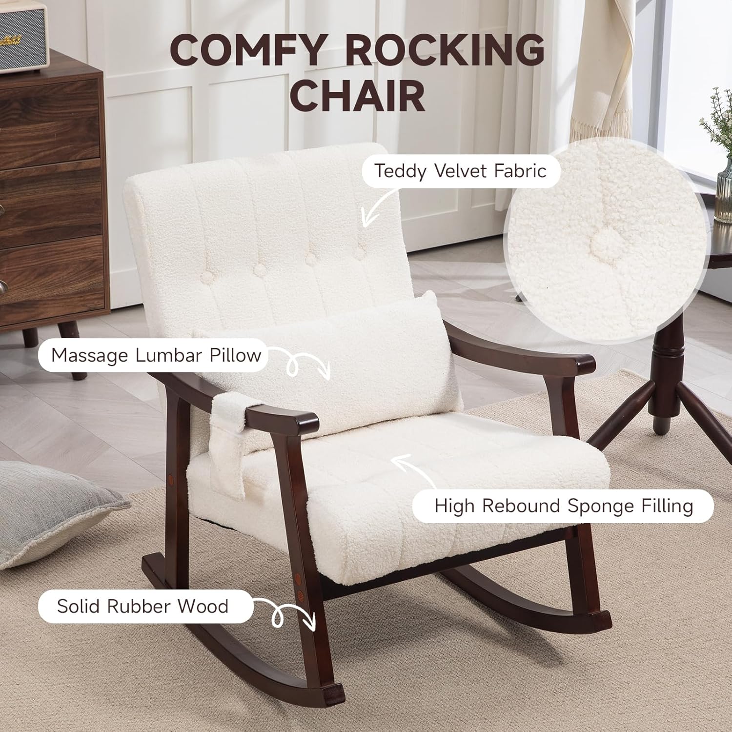 HOMREST Teddy Upholstered Rocking Chair, Small Glider Rocker with 2-Point Massage Lumbar Pillow and Solid Wood Legs, for Nursery and Living Room, White