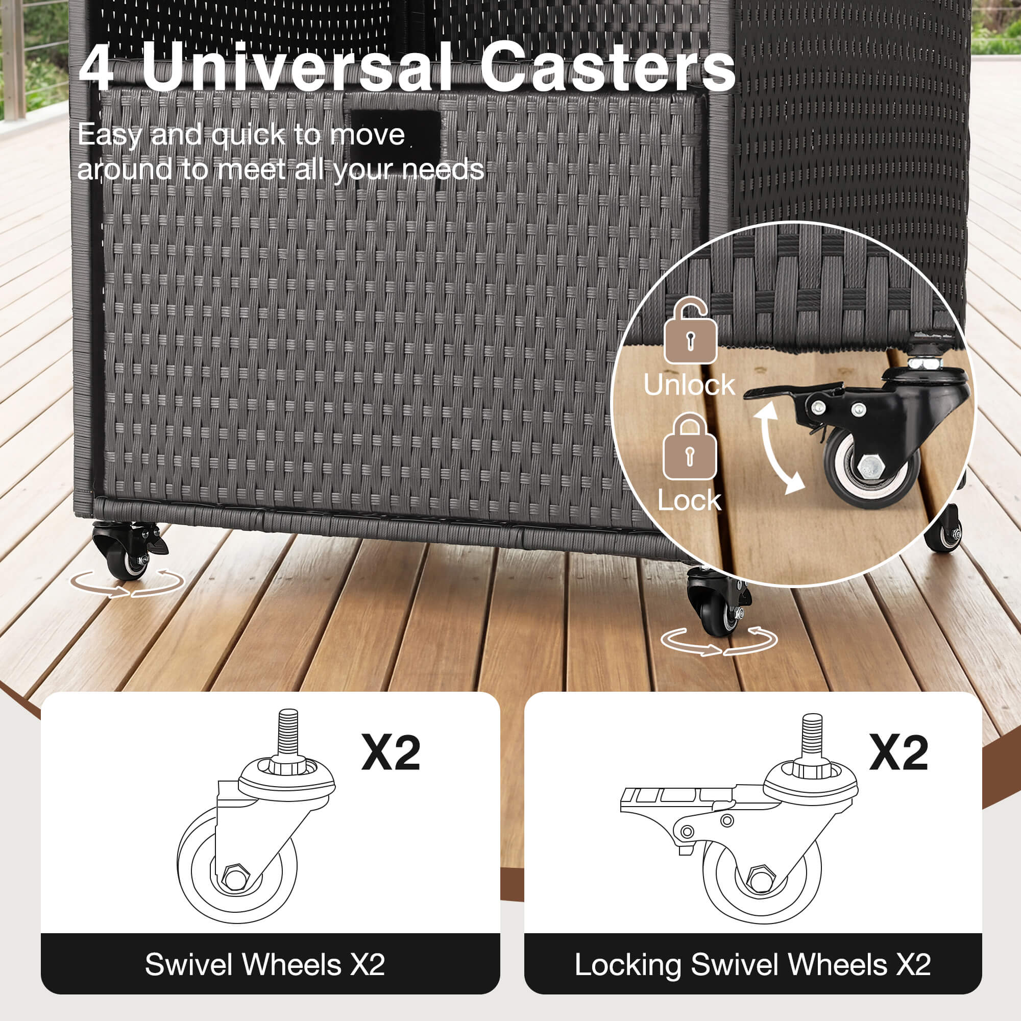 HOMREST Outdoor Pool Towel Rack with Storage Cabinet, Waterproof PE Rattan Wicker Poolside Towel Organizer with Shelves & Drawer, Rolling Wheels Towel Valet Caddy, Black