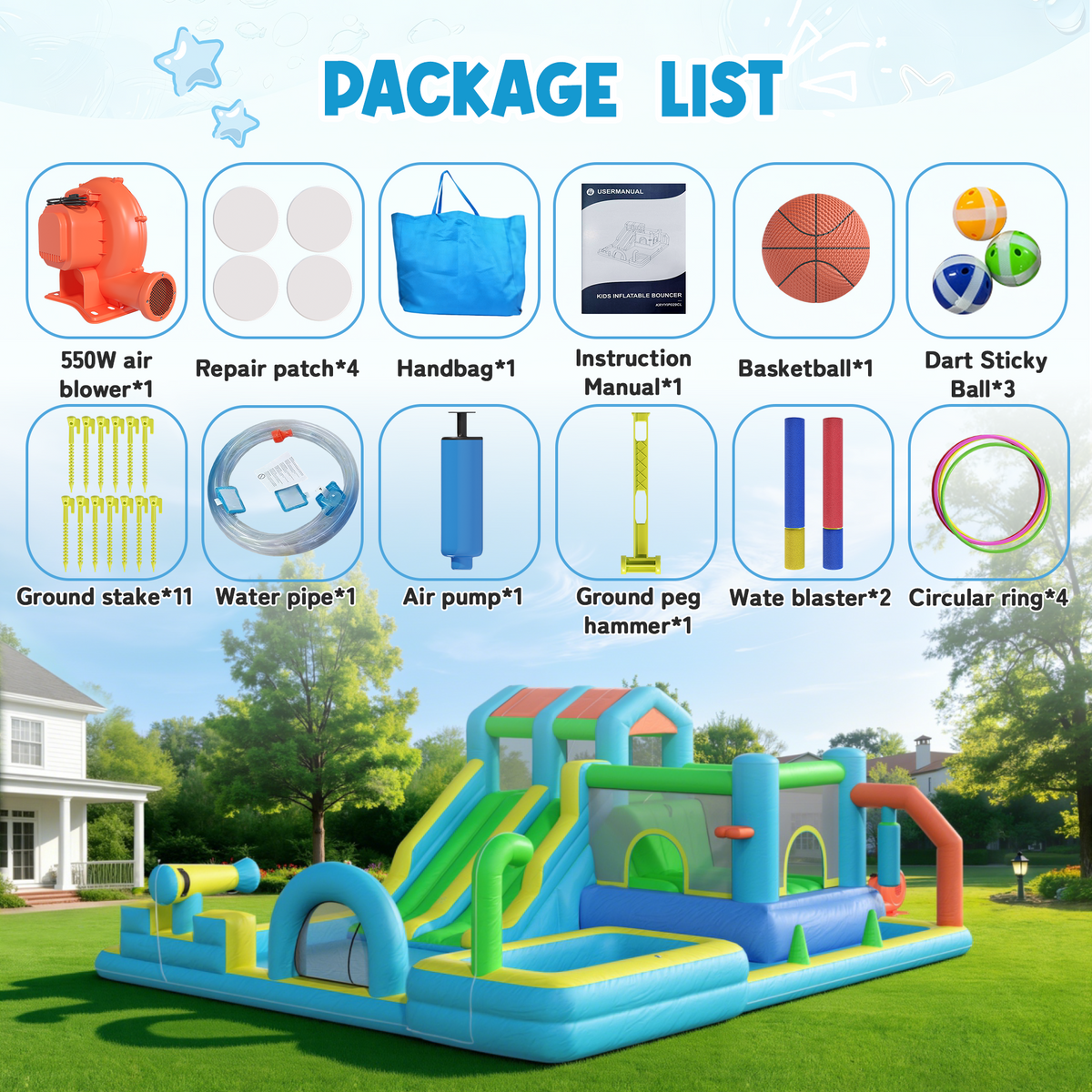 Homrest Inflatable Bounce House, Bouncy House with Double Water Slide, Inflatable Bouncy Castle Water Bounce House with Blower, Climbing Wall, Jumping, Splash Pool for Kids Indoor Outdoor