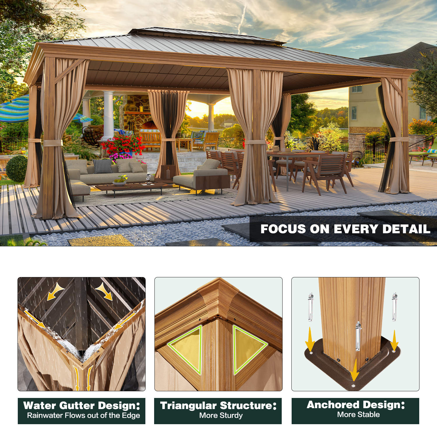 HOMREST 14X20 Grill Gazebo with Galvanized Hardtop Roof, Wood Grain