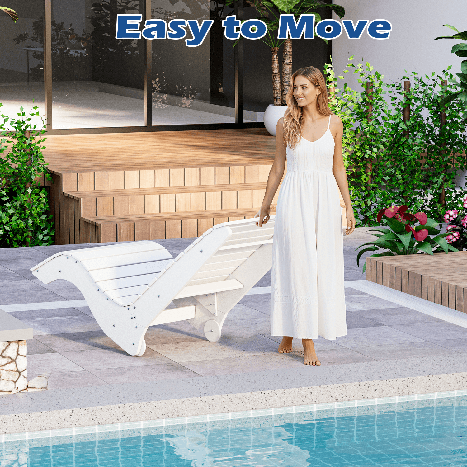 HOMREST HDPE Pool Lounge Chairs Set of 2, In-Pool Chaise with Wheels, S-Shaped, White