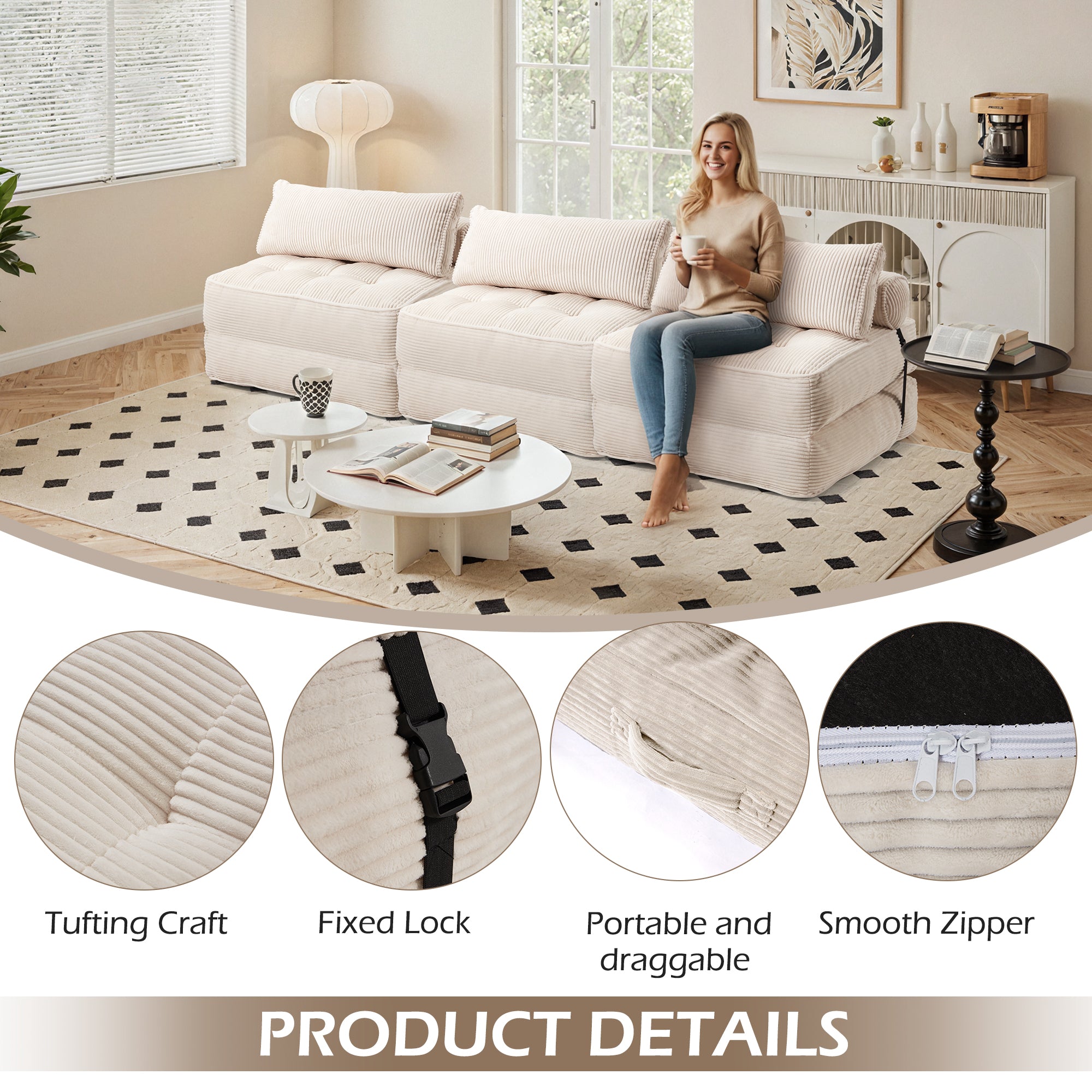 HOMREST 3-Piece Modular Sectional Sofa, Convertible Lounge Set – Foldable Couch Bed, Beige
