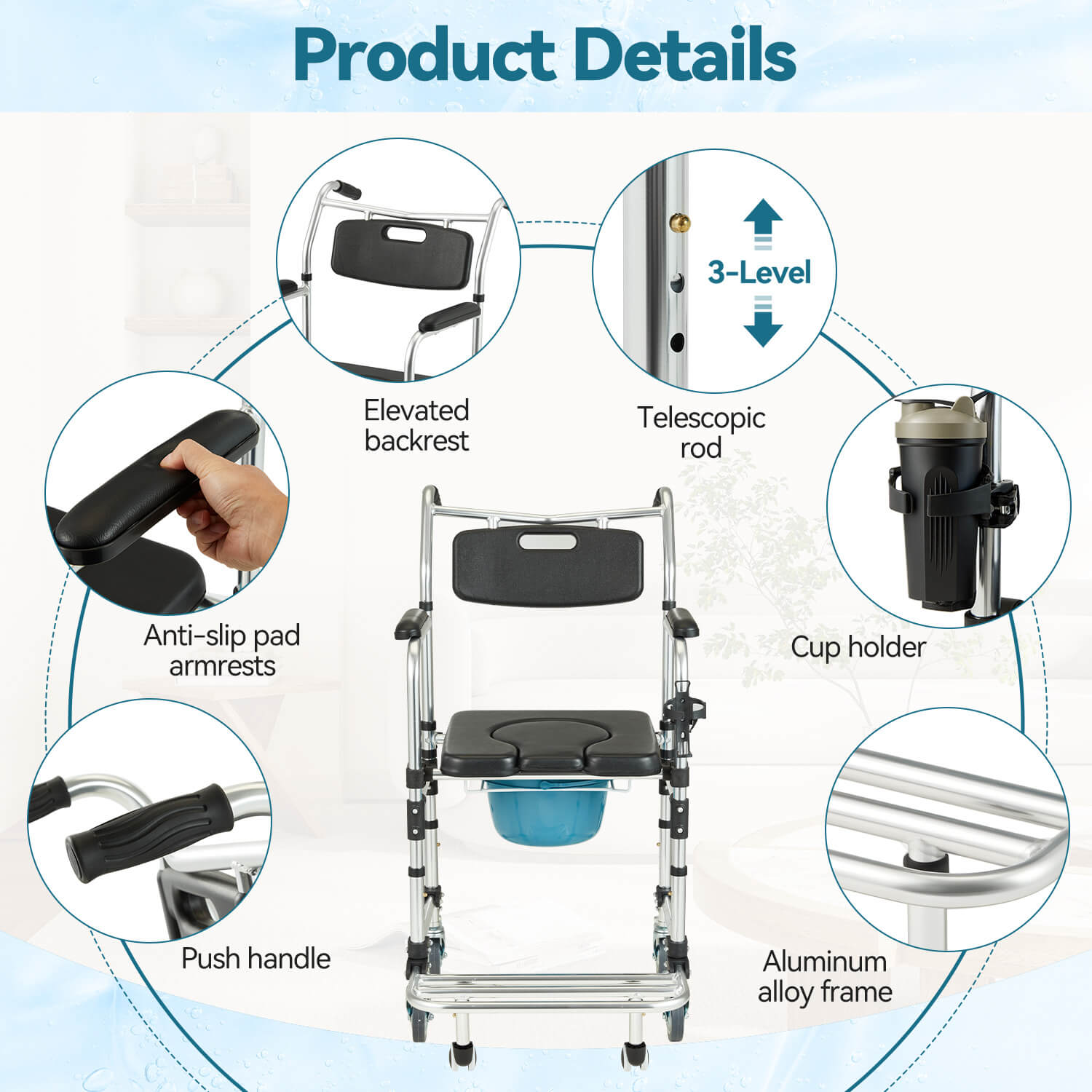 HOMREST 4-in-1 Bedside Commode Shower Wheelchair for Elderly and Disabled, Commode Chair with 4 Lockable Wheels, Detachable Bucket, Padded Seat and Armrests, Flip-Up Footrest, Black