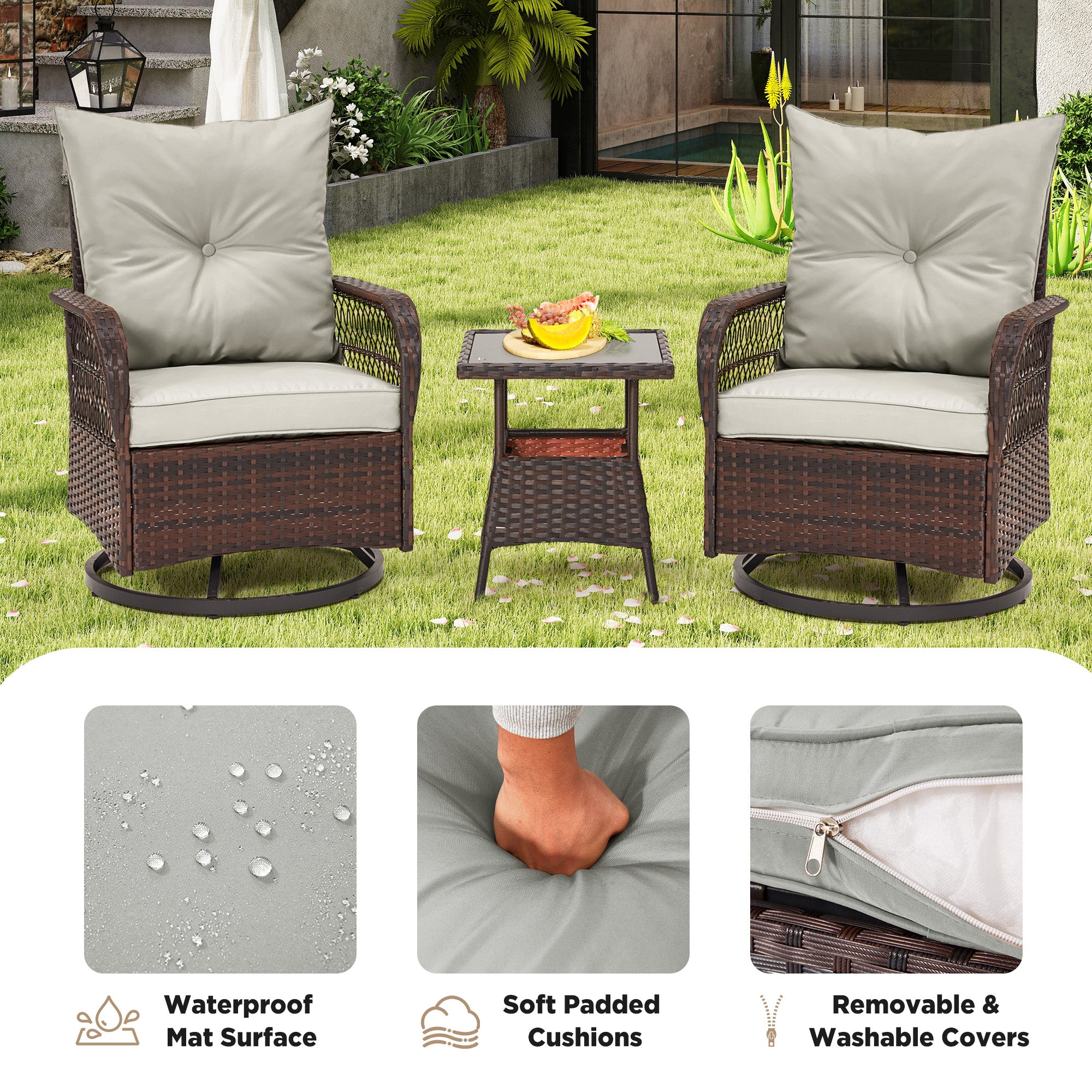HOMREST 3-Piece Patio Swivel Rocker Set with Rattan Coffee Table for Lawn, Garden, Porch