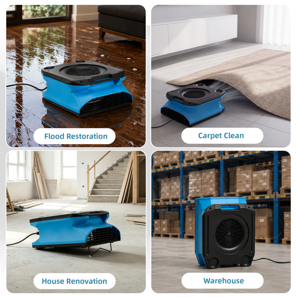 HOMREST 1/4 HP Air Mover, 1200 CFM Low Profile Carpet Dryer & Floor Blower, 2-Speed Commercial Fan, Lightweight Stackable Design with Daisy Chain for Water Damage Restoration