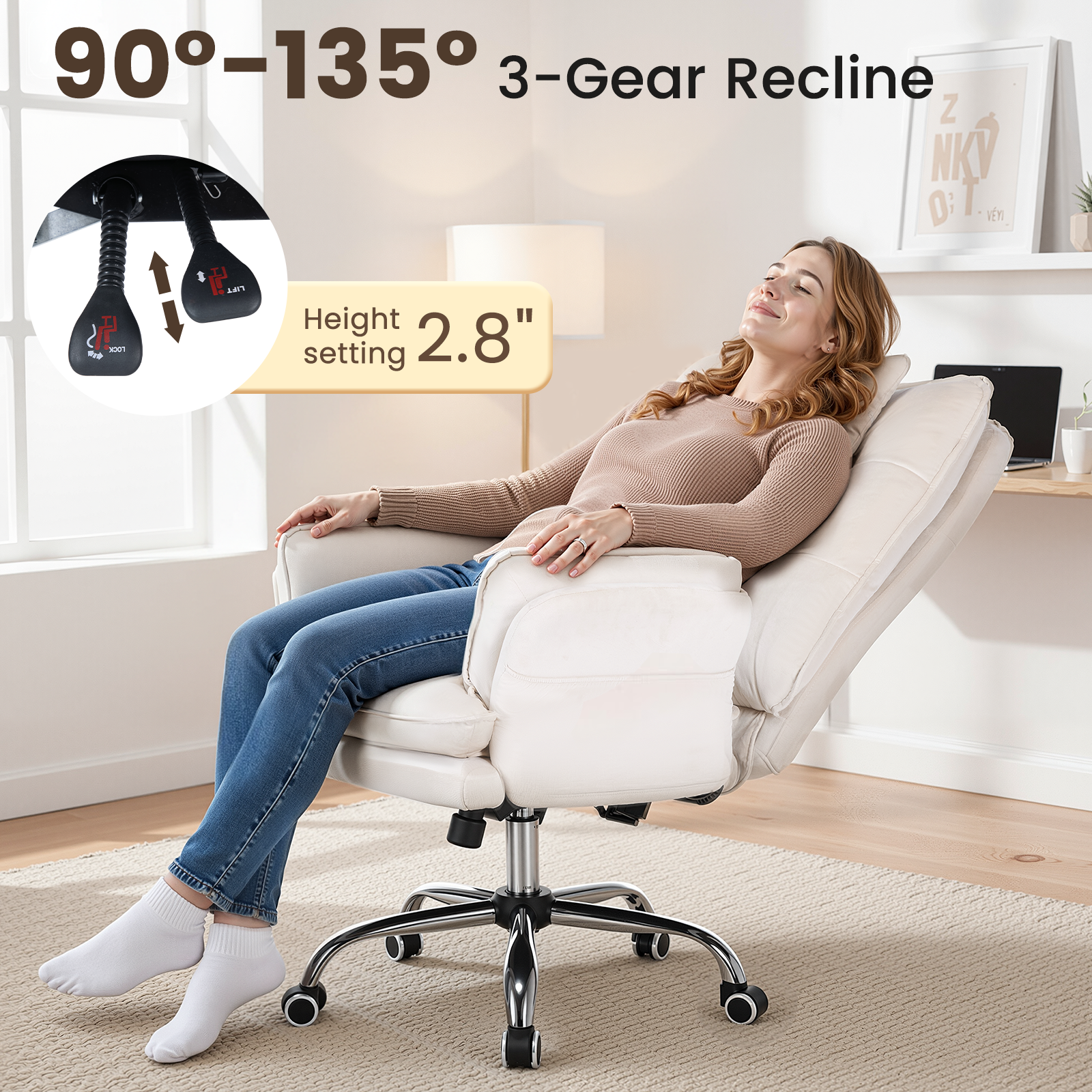 HOMREST Criss Cross Chair with Wheels, Big and Tall Velvet Office Chair Reversible Armrest and Wide Seat, Comfy, Beige