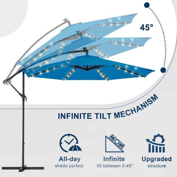 Homrest 10ft Solar Lighted Patio Umbrella, Infinite Tilt, Crank and Cross Base, Rolay Blue