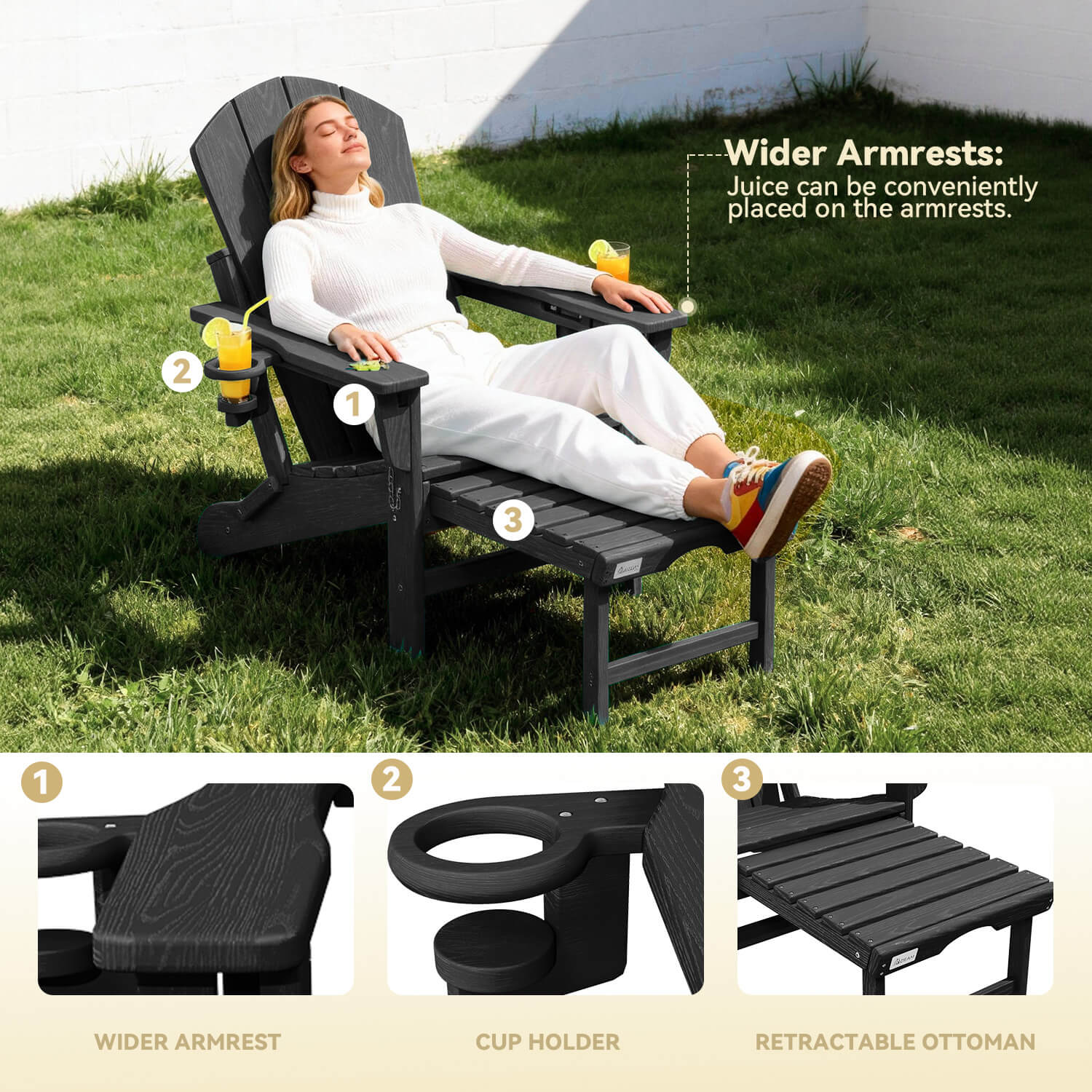 HOMREST 3-Level  Adjustable Adirondack Chair with Retractable Ottoman, Folding HDPE Outdoor Chair with Cup Holders, Black