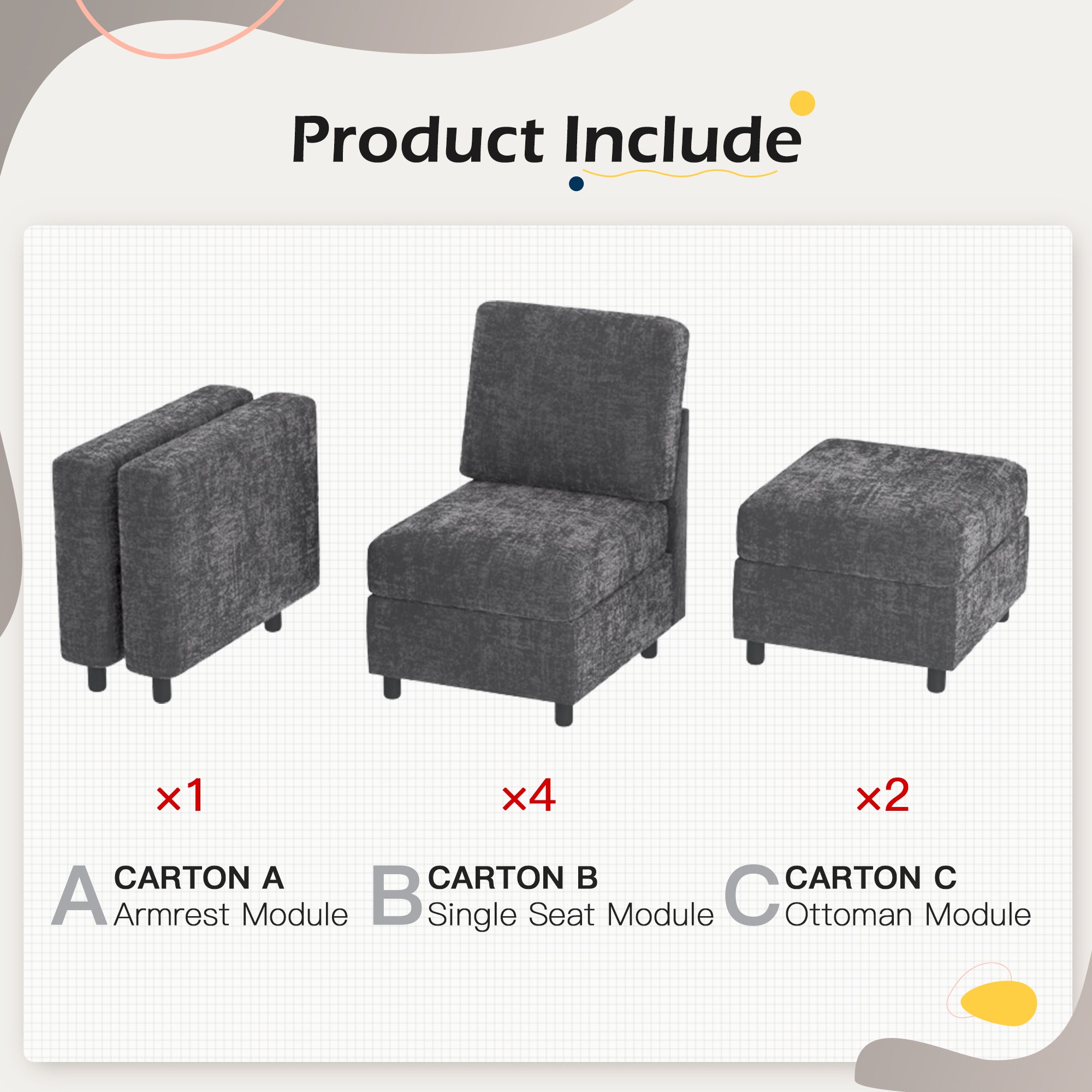 Homrest 6  Piece Modular Sectional Couch with Storage, 4 Single Seats, 2 ottomans, Dark Gray